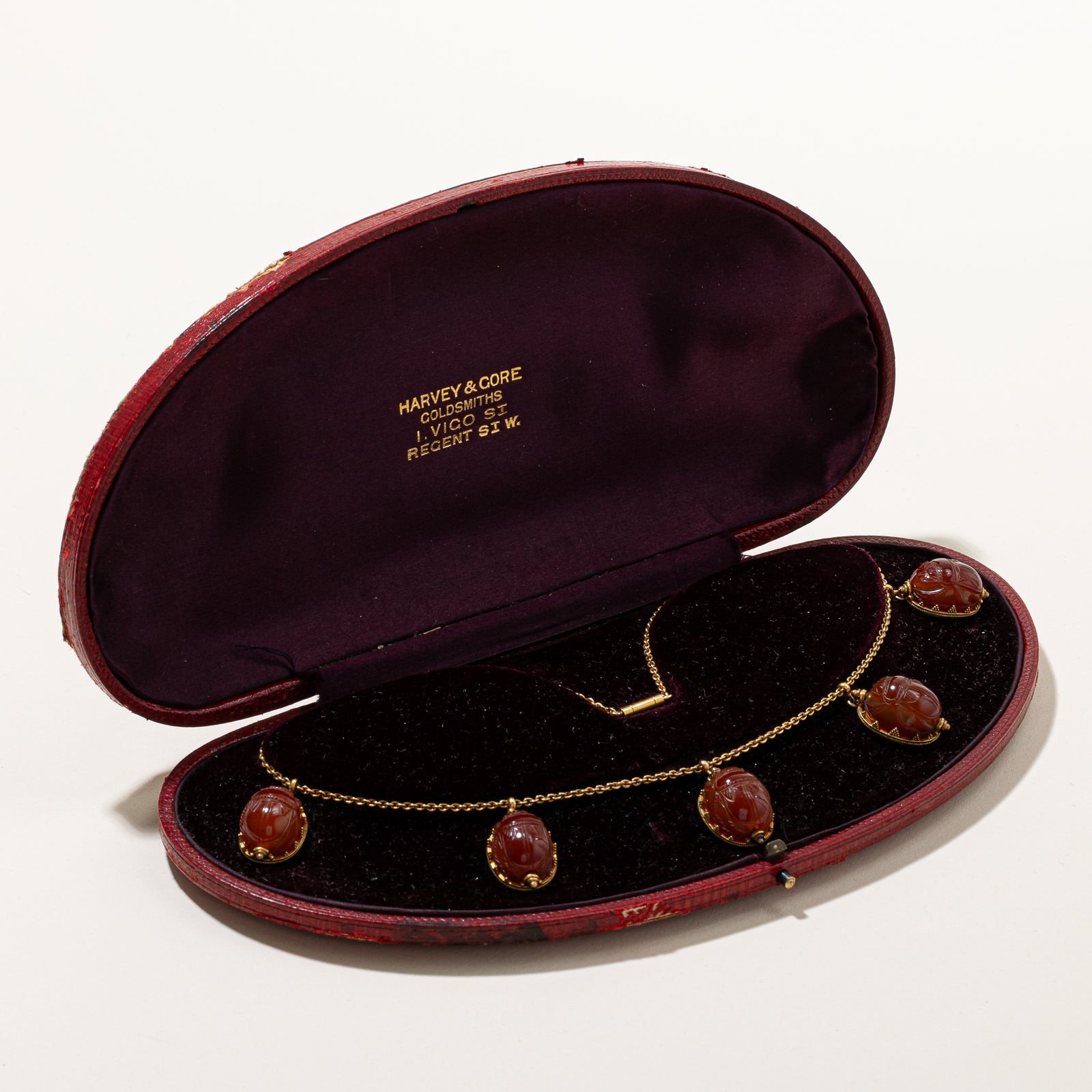 'Harvey & Gore Goldsmiths' Carnelian Agate Beetle Necklace | 62.50ctw | 15"