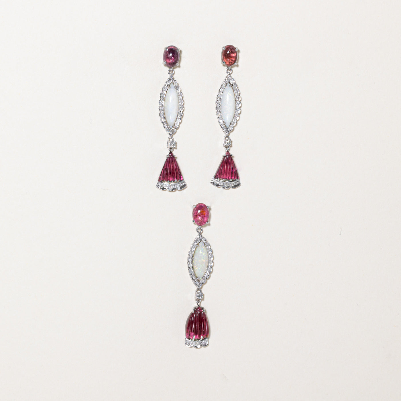 Pink Tourmaline, Opal & Diamond Drop Earrings & Pendant Set | 3.90ctw, 8.40ctw | 0.35ctw |