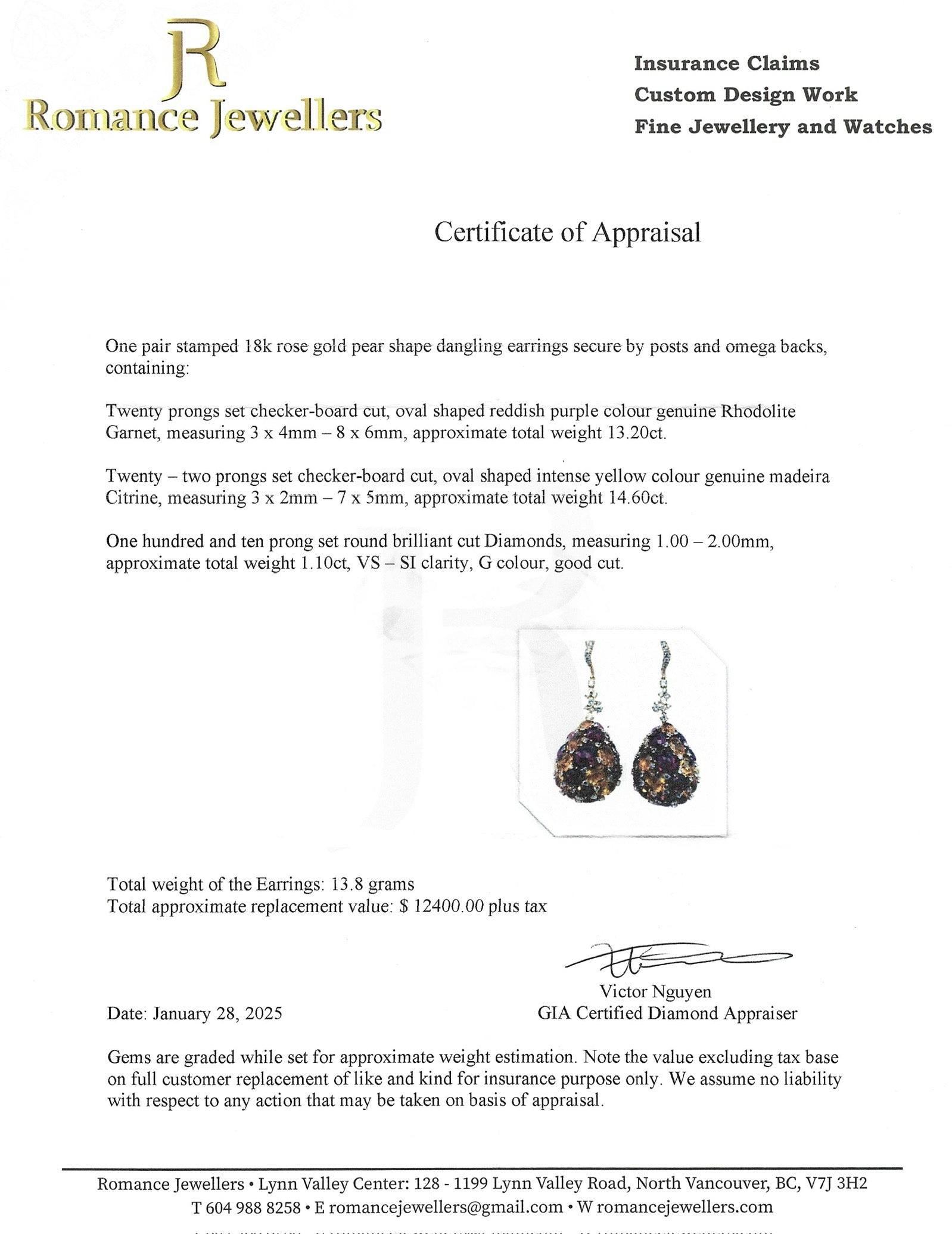 'Vanna K' Purple Garnet, Citrine & Diamond Cluster Drop Earrings | 27.80ctw, 1.10ctw |