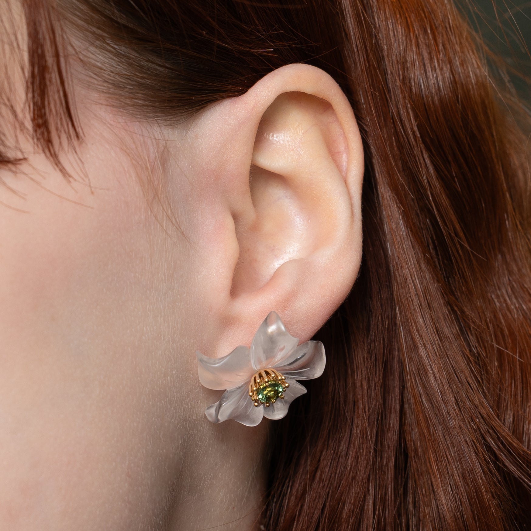 Green Sapphire & Rock Crystal Flower Stud Earrings | 1.50ctw
