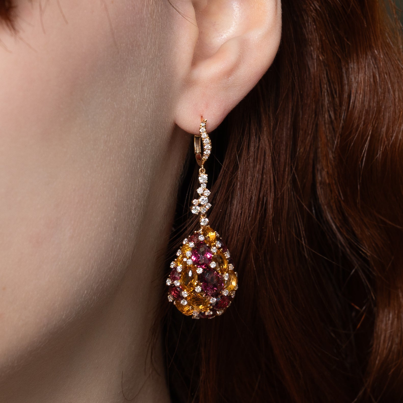 'Vanna K' Purple Garnet, Citrine & Diamond Cluster Drop Earrings | 27.80ctw, 1.10ctw |