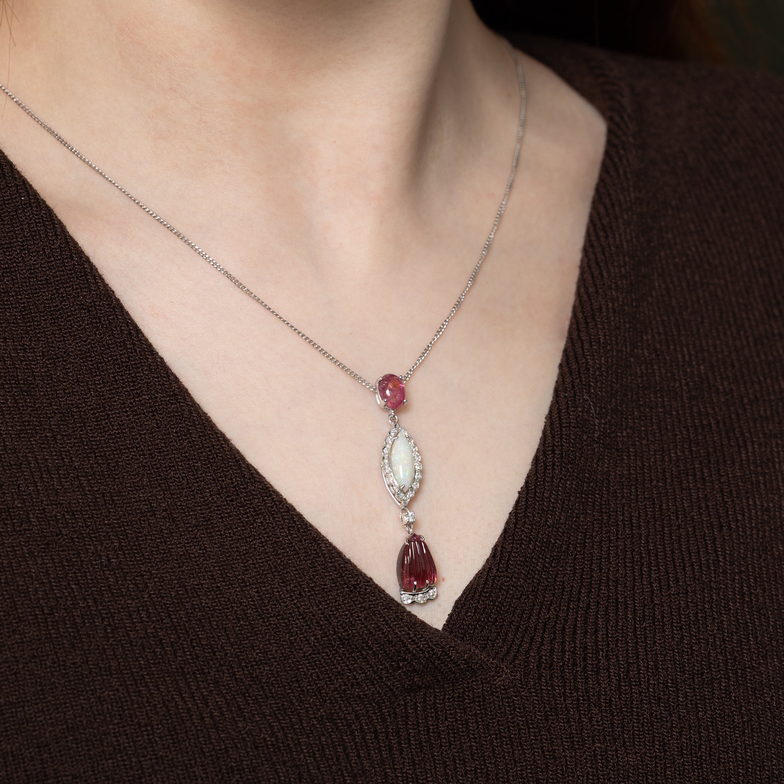 Pink Tourmaline, Opal & Diamond Drop Earrings & Pendant Set | 3.90ctw, 8.40ctw | 0.35ctw |