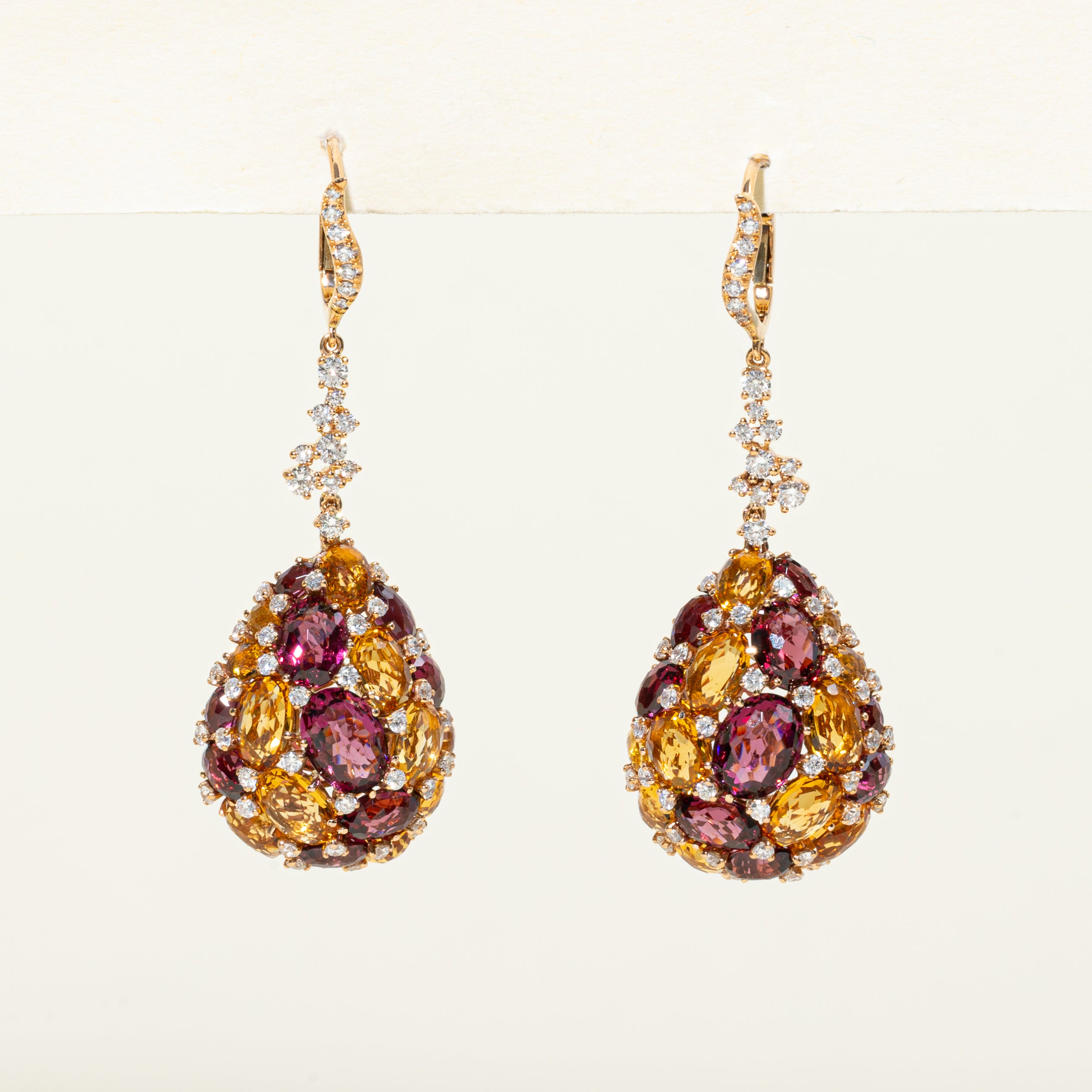 'Vanna K' Purple Garnet, Citrine & Diamond Cluster Drop Earrings | 27.80ctw, 1.10ctw |