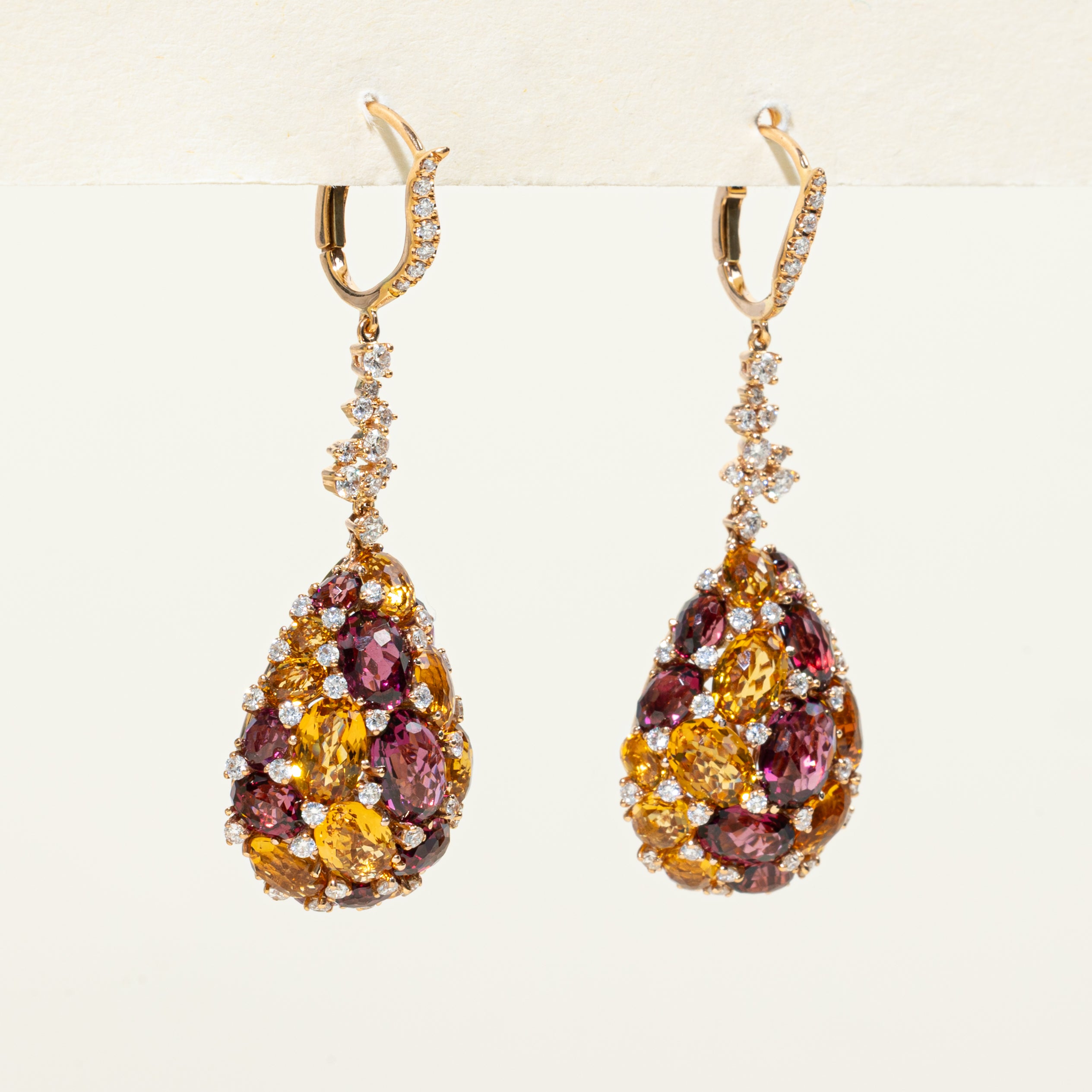 'Vanna K' Purple Garnet, Citrine & Diamond Cluster Drop Earrings | 27.80ctw, 1.10ctw |