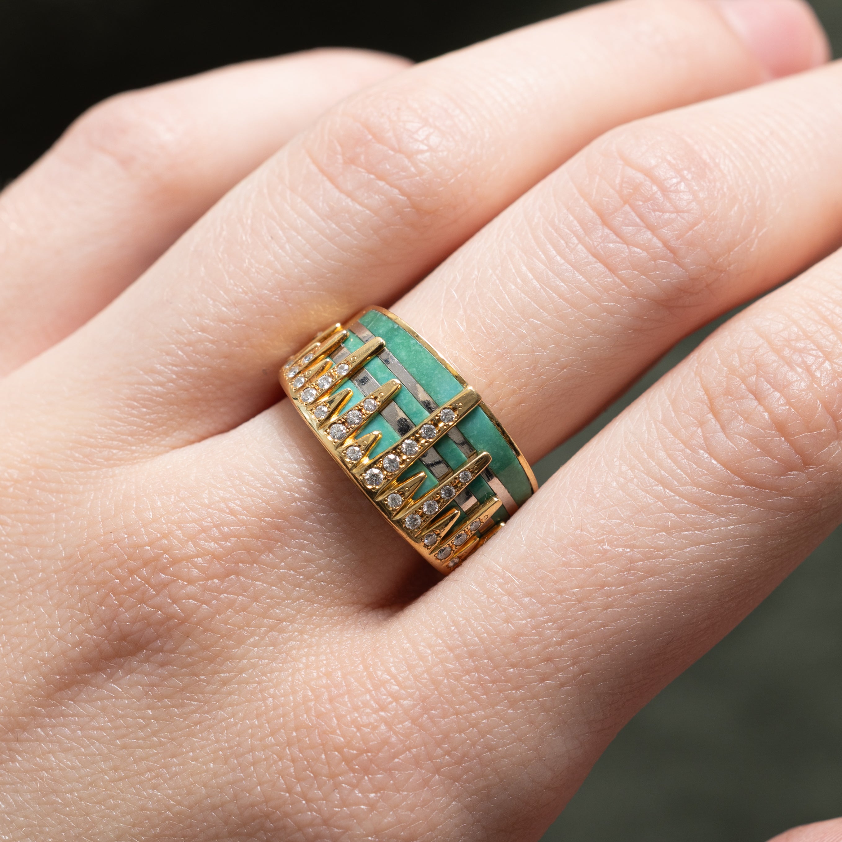 Jadeite & Diamond City Skyline Ring | 14.00ctw, 0.26ctw | SZ 6.5