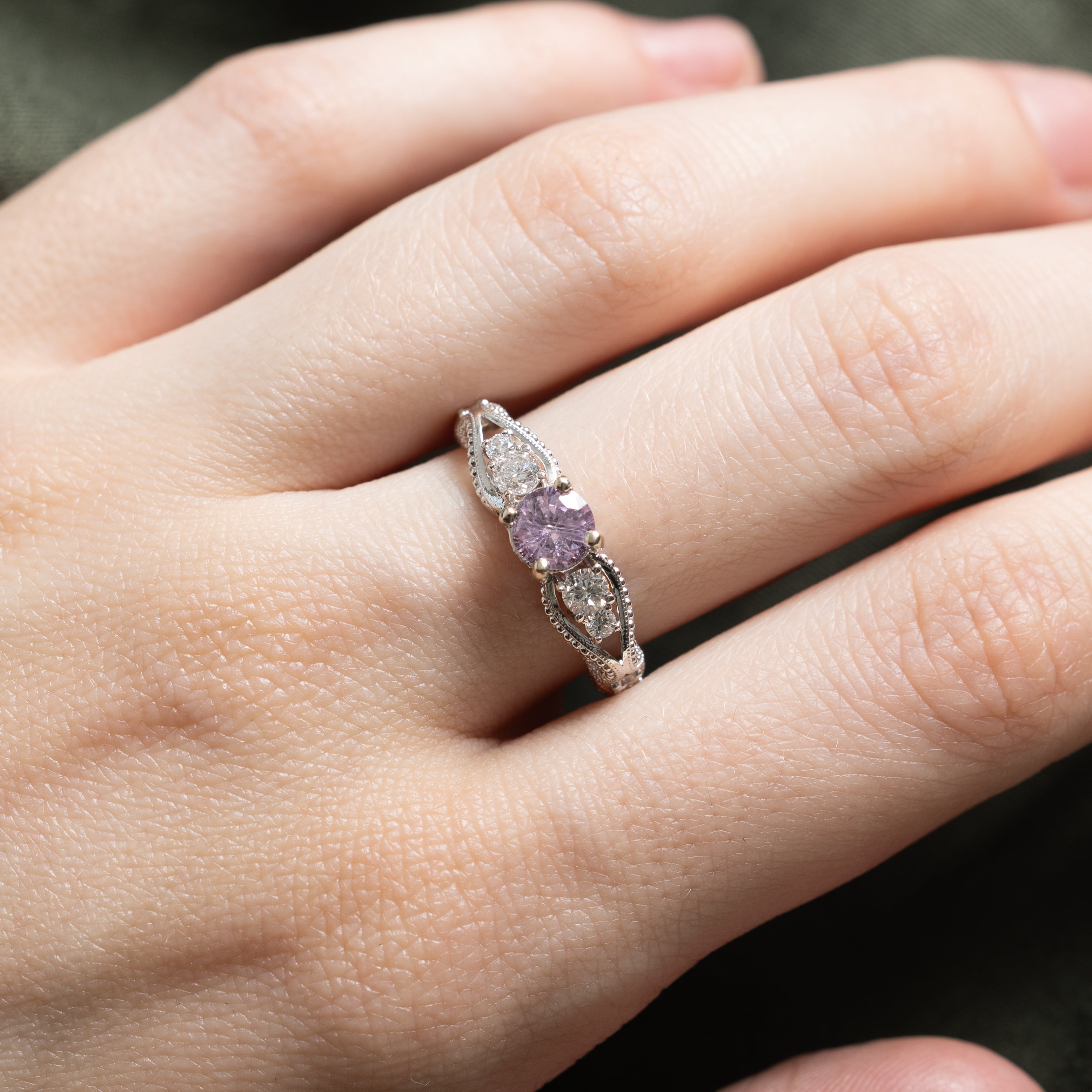 14k Pink Sapphire & Diamond Ornate Milgrained Ring | 0.75ct, 0.32ctw | SZ 6.25