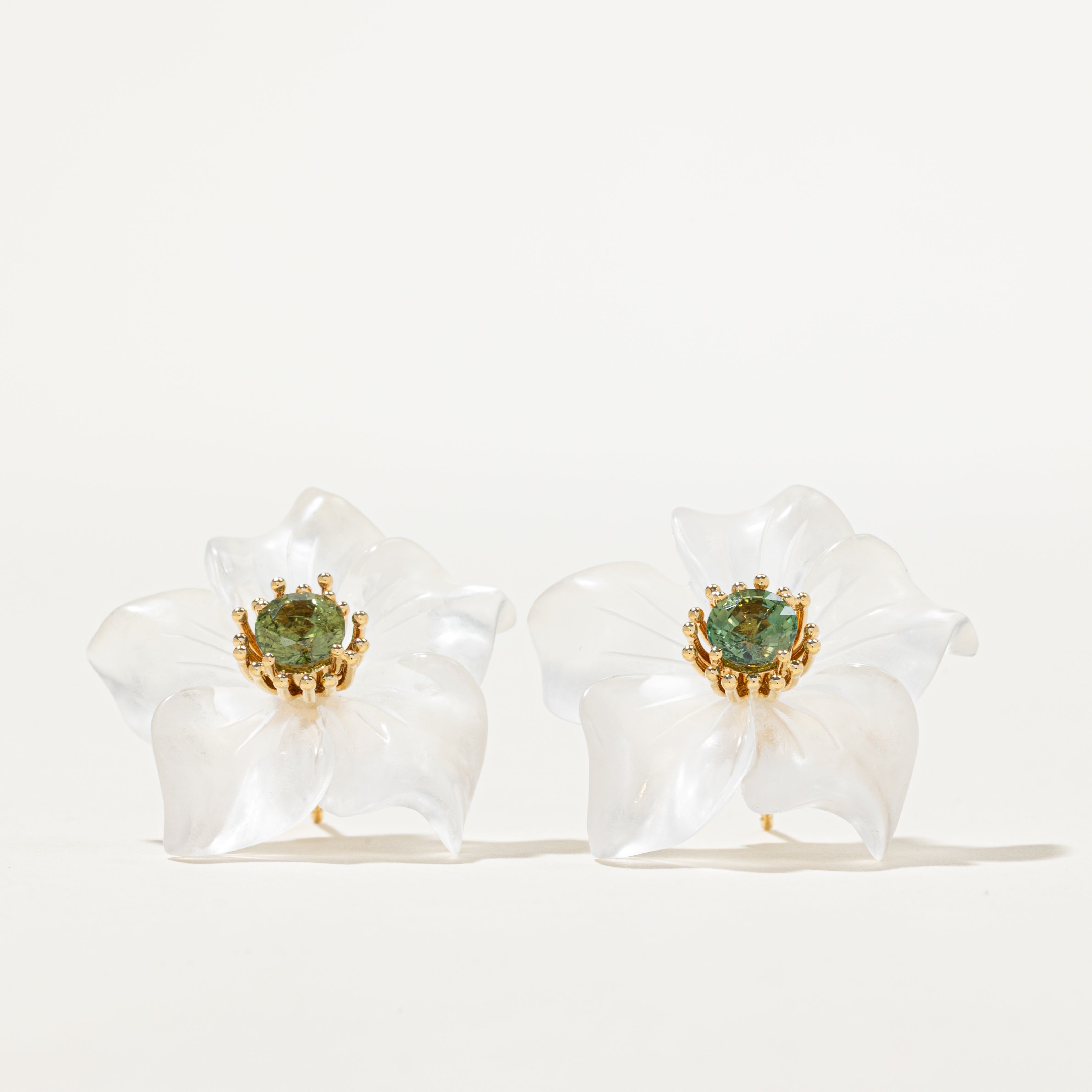 Green Sapphire & Rock Crystal Flower Stud Earrings | 1.50ctw