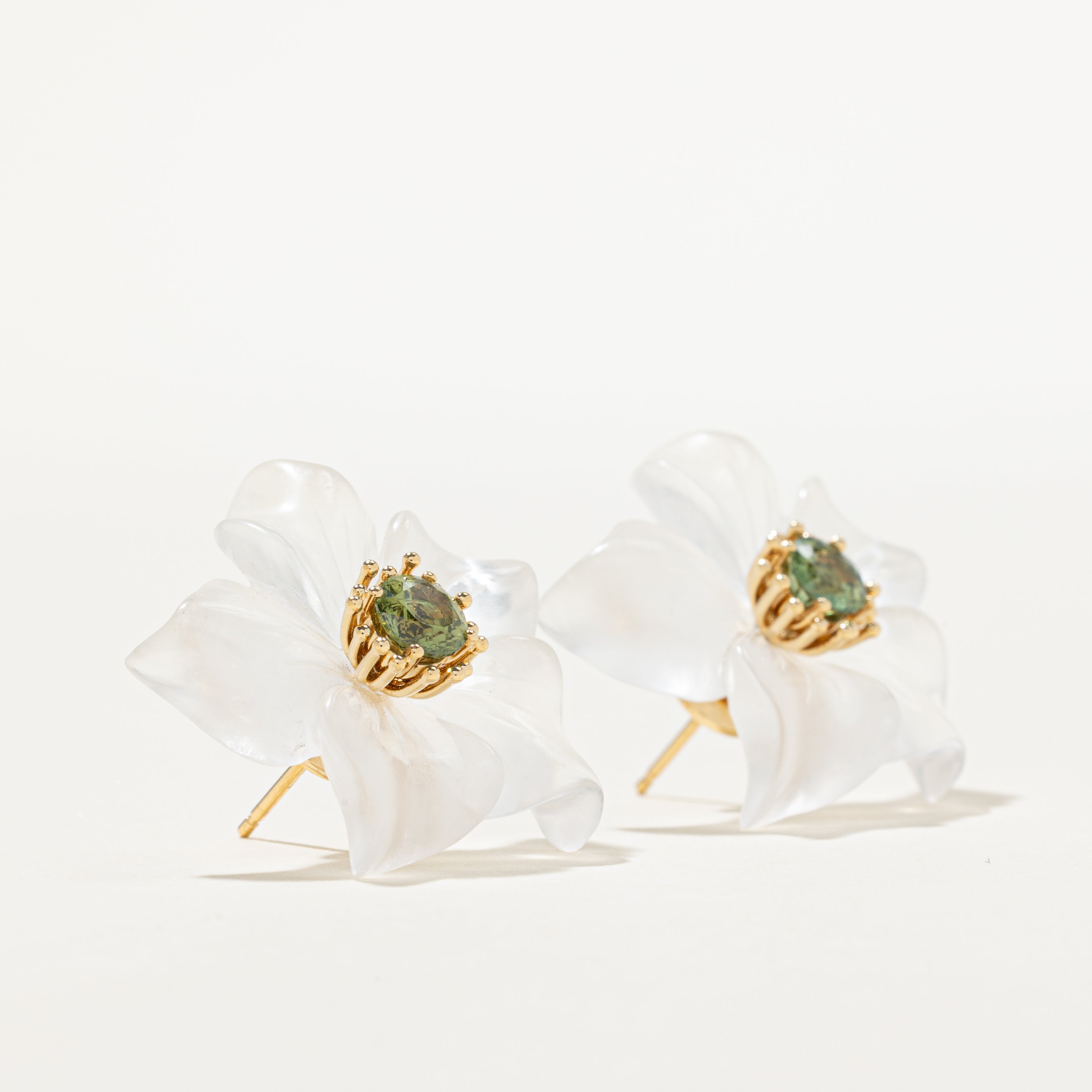 Green Sapphire & Rock Crystal Flower Stud Earrings | 1.50ctw