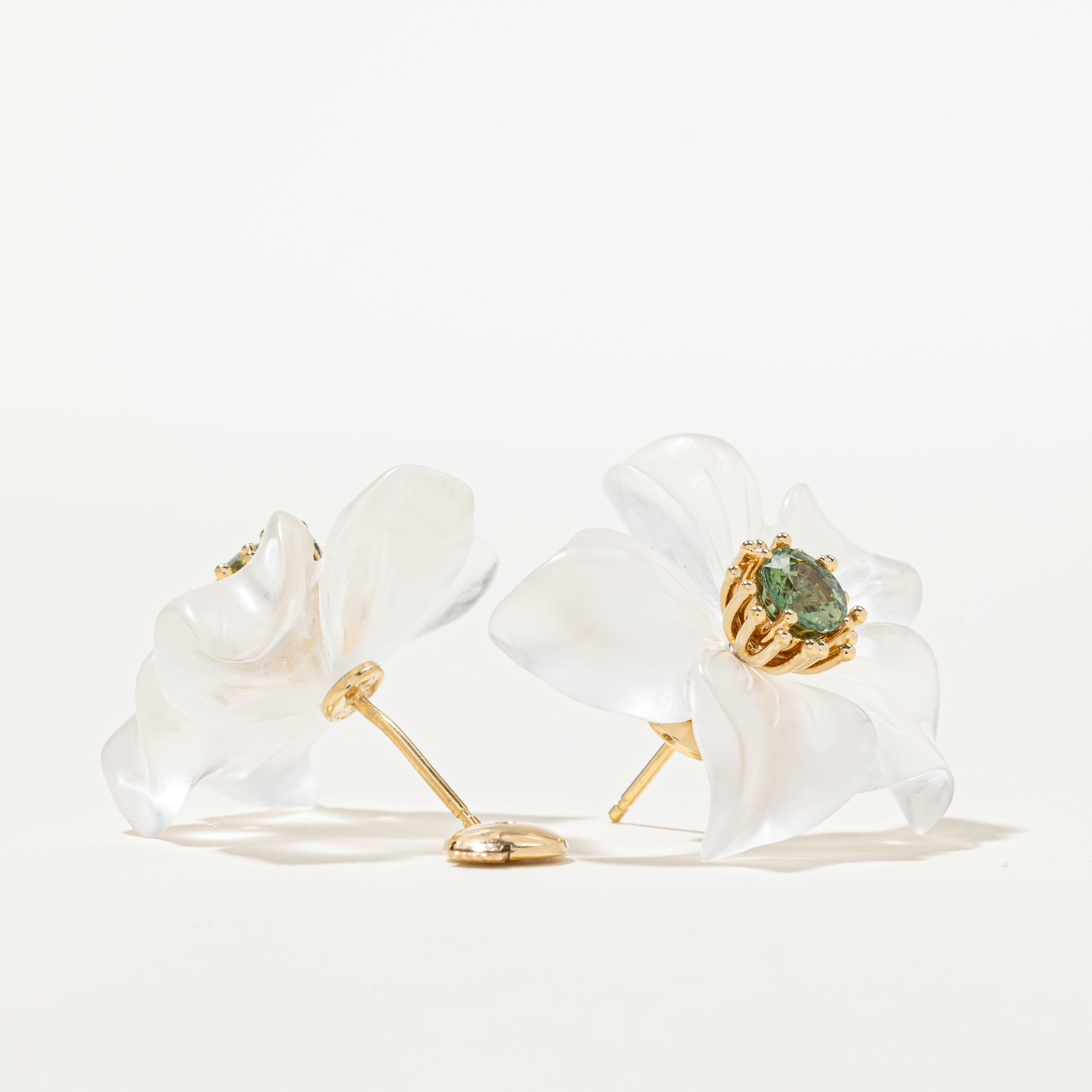 Green Sapphire & Rock Crystal Flower Stud Earrings | 1.50ctw