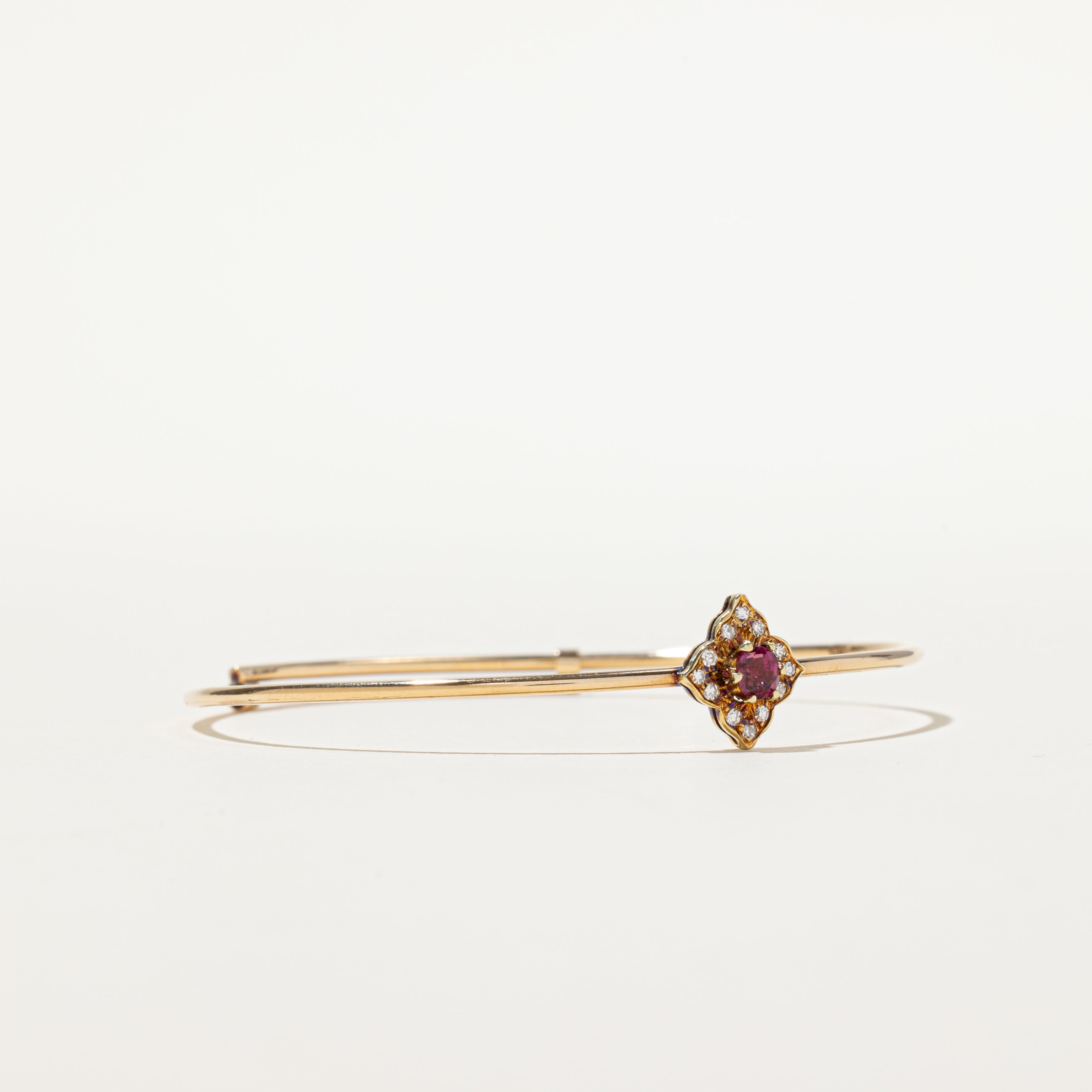 'Birks' Vintage 14k Ruby & Diamond Halo Thin Cuff Bracelet | 0.25ct, 0.06ctw