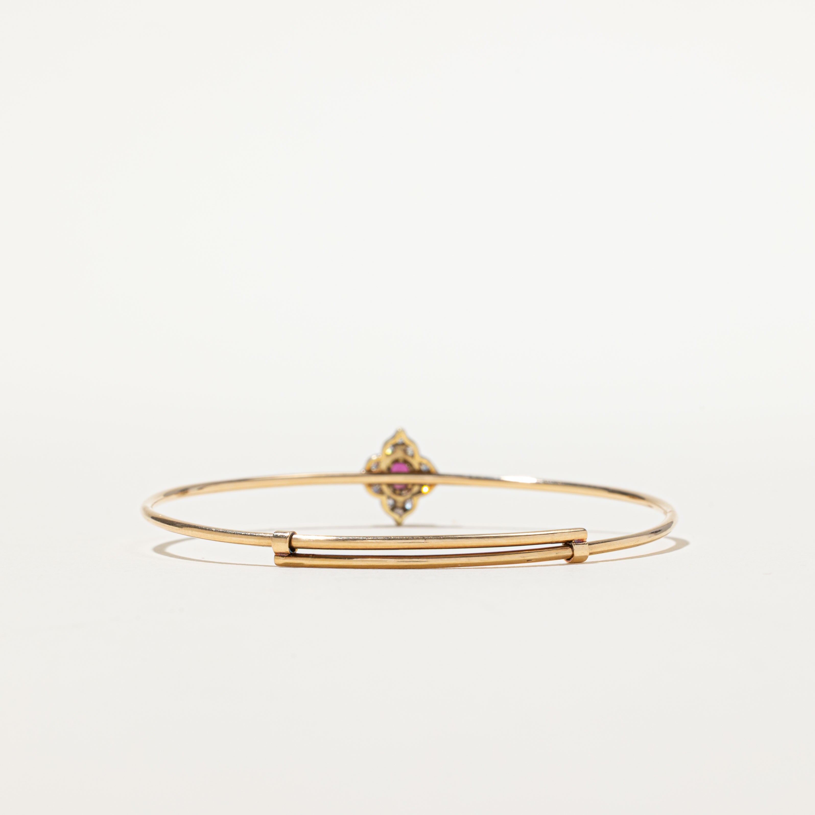 'Birks' Vintage 14k Ruby & Diamond Halo Thin Cuff Bracelet | 0.25ct, 0.06ctw