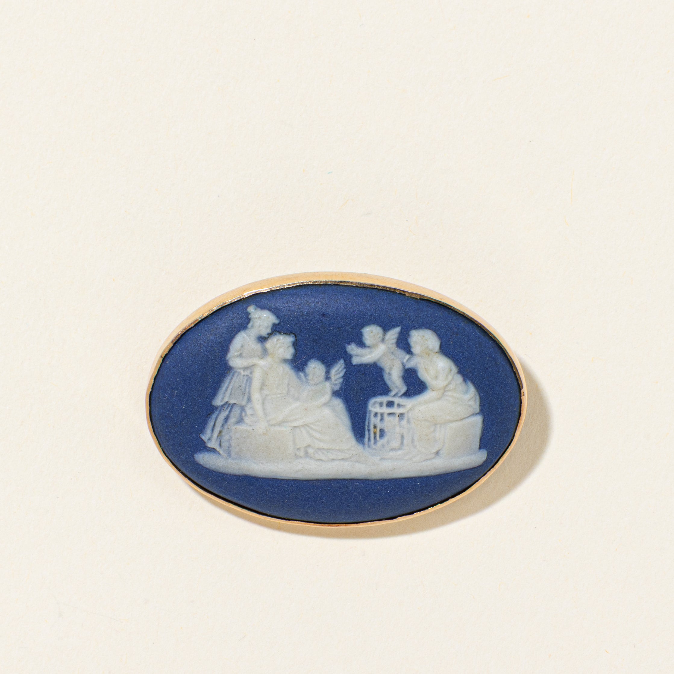 'Wedgewood' 14k Rose Gold Antique Blue Jasperware Cameo Brooch