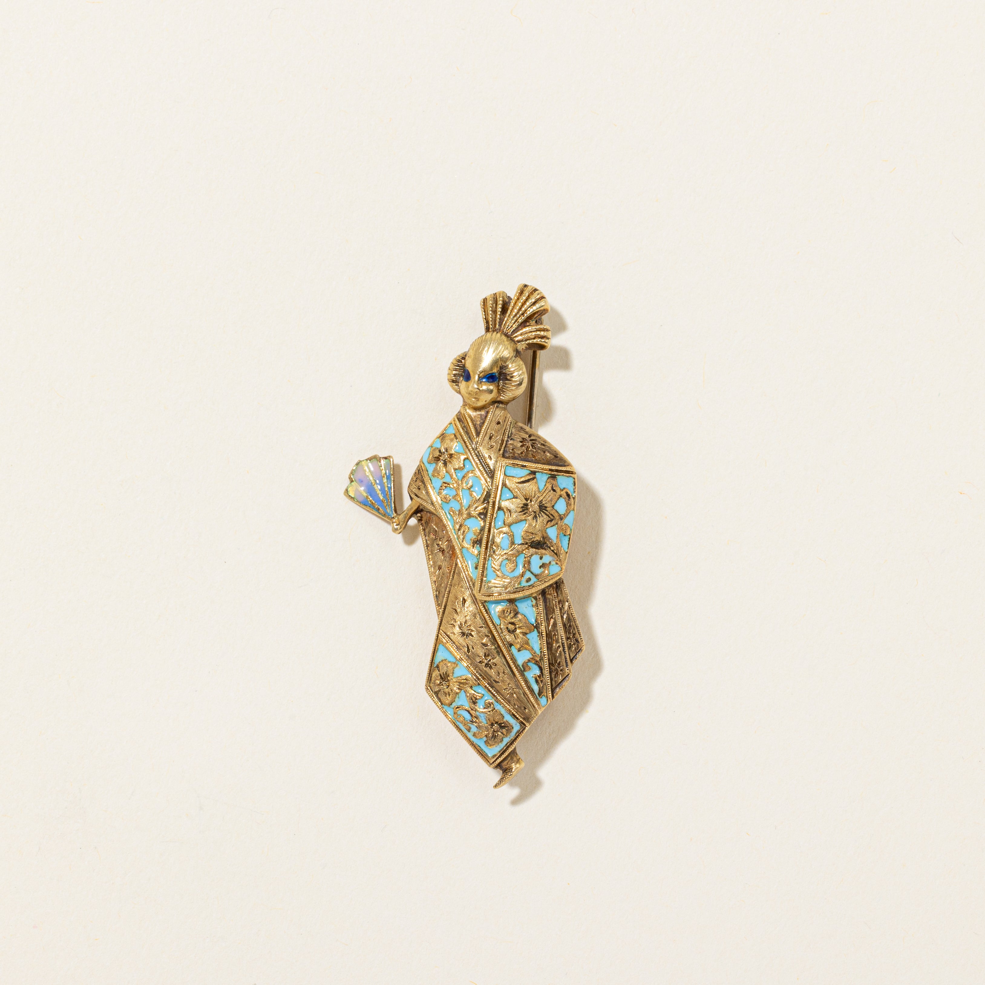 'Hemsley' 18k Antique Traditional Japanese Lady Figure with Fan Enamel Brooch