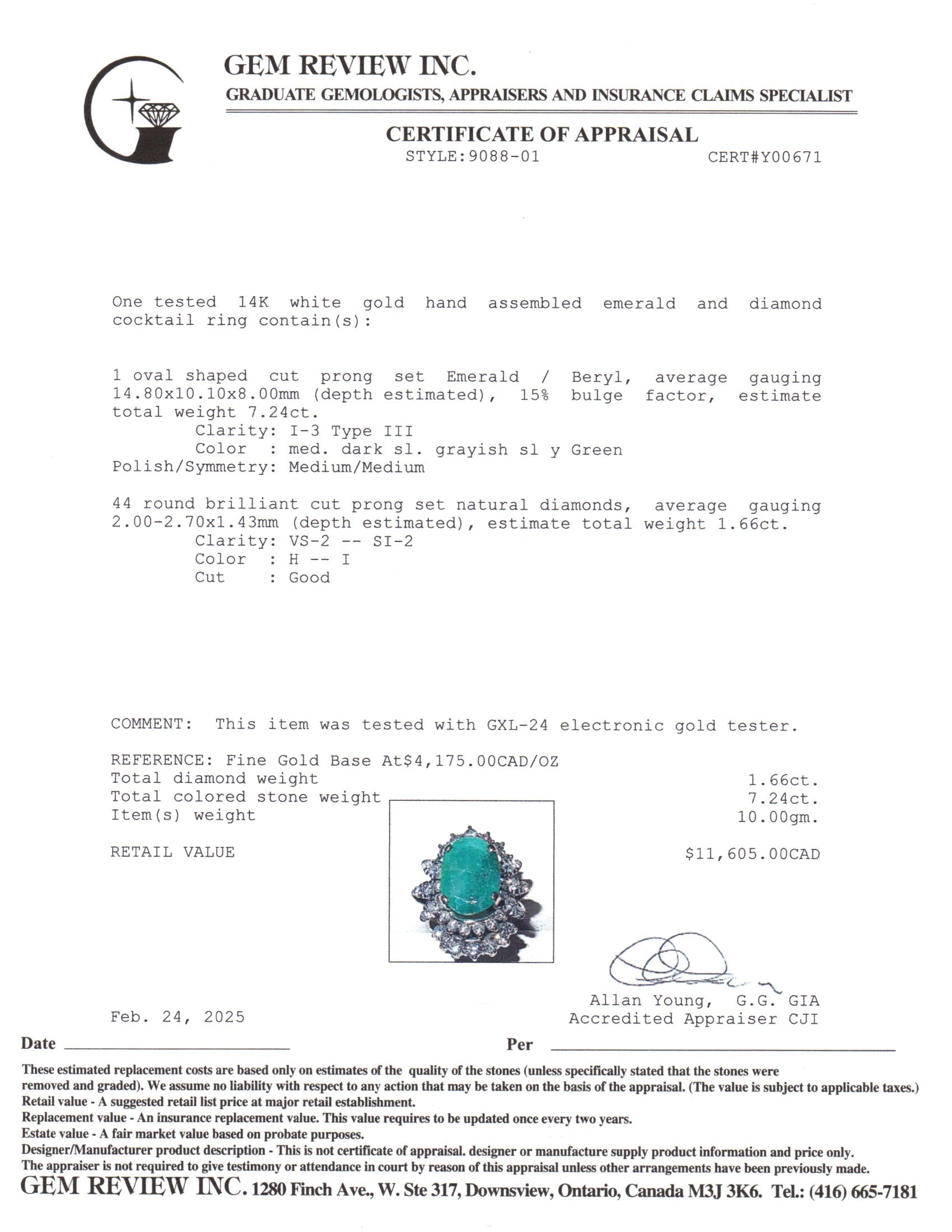 Oval Cut Emerald & Diamond Cocktail Ring | 7.24ct, 1.66ctw | SZ 7.25