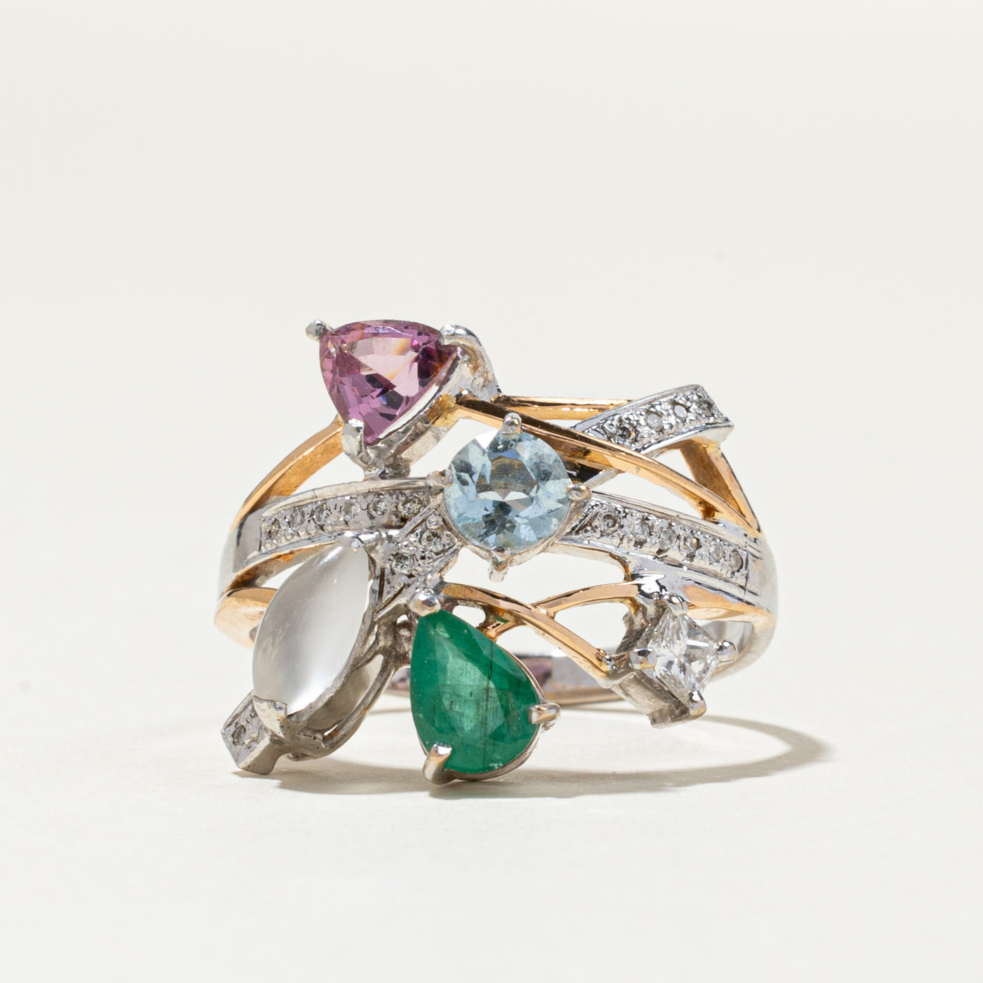 Two Tone Gold Multi Gemstone Abstract Ring | 2.00ctw, 0.90ctw | SZ 8