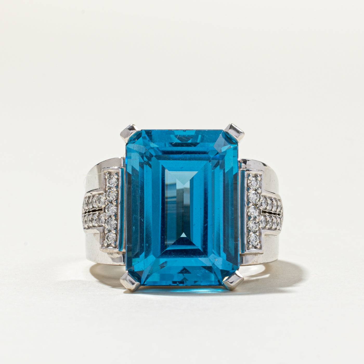 14K Emerald Cut Blue Topaz & Diamond Cocktail Ring | 21.86ct, 0.39ctw | SZ 9