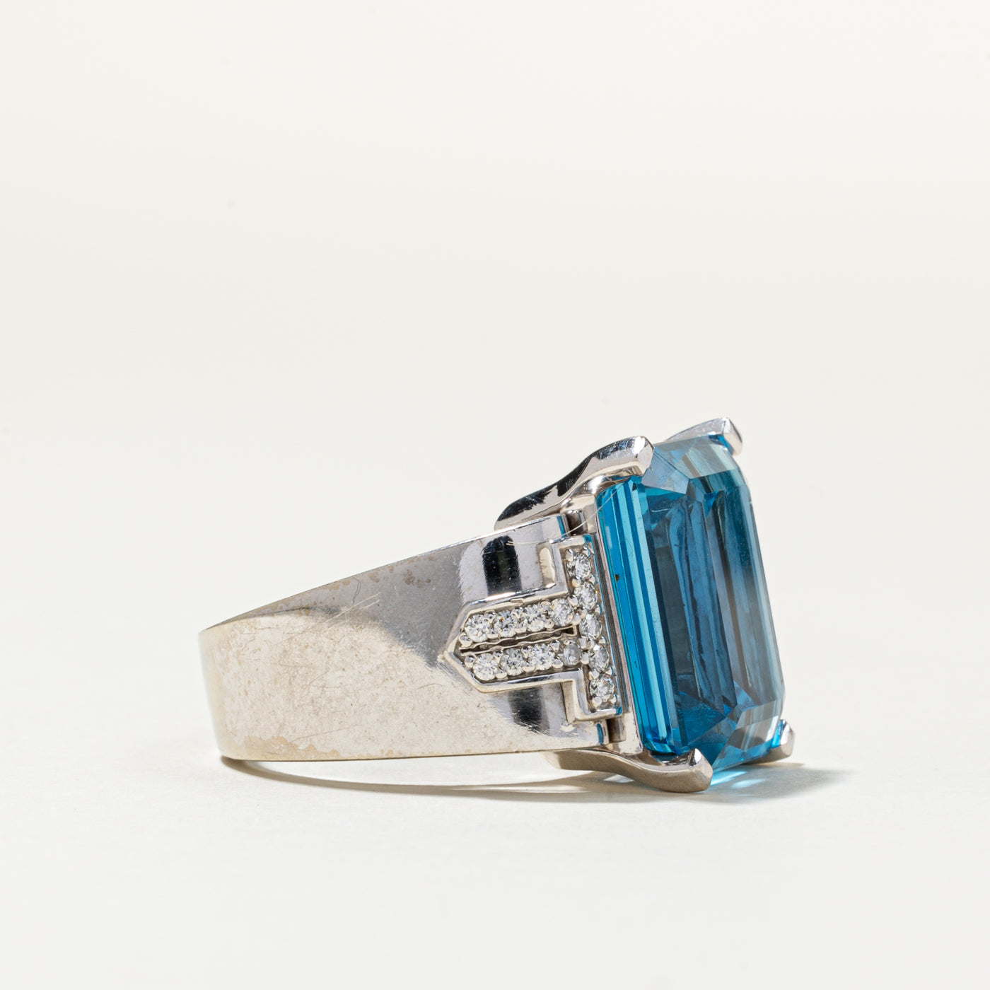 14K Emerald Cut Blue Topaz & Diamond Cocktail Ring | 21.86ct, 0.39ctw | SZ 9