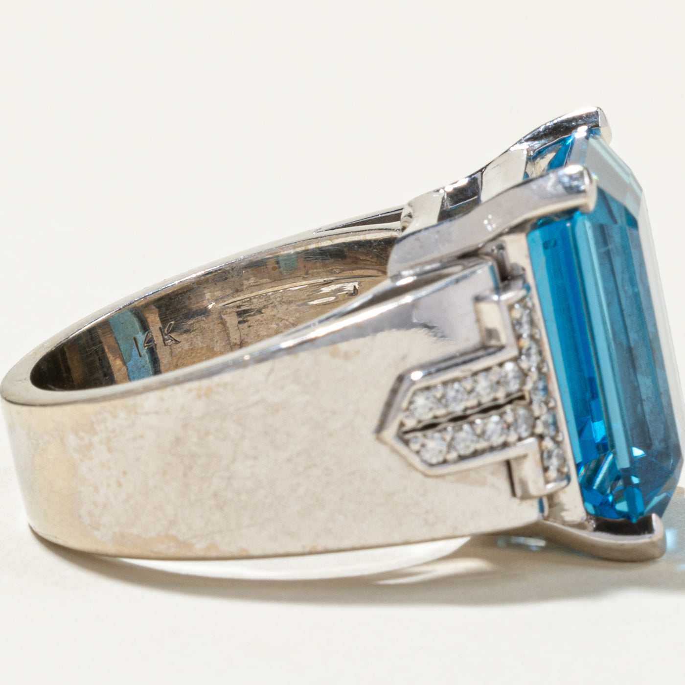 14K Emerald Cut Blue Topaz & Diamond Cocktail Ring | 21.86ct, 0.39ctw | SZ 9