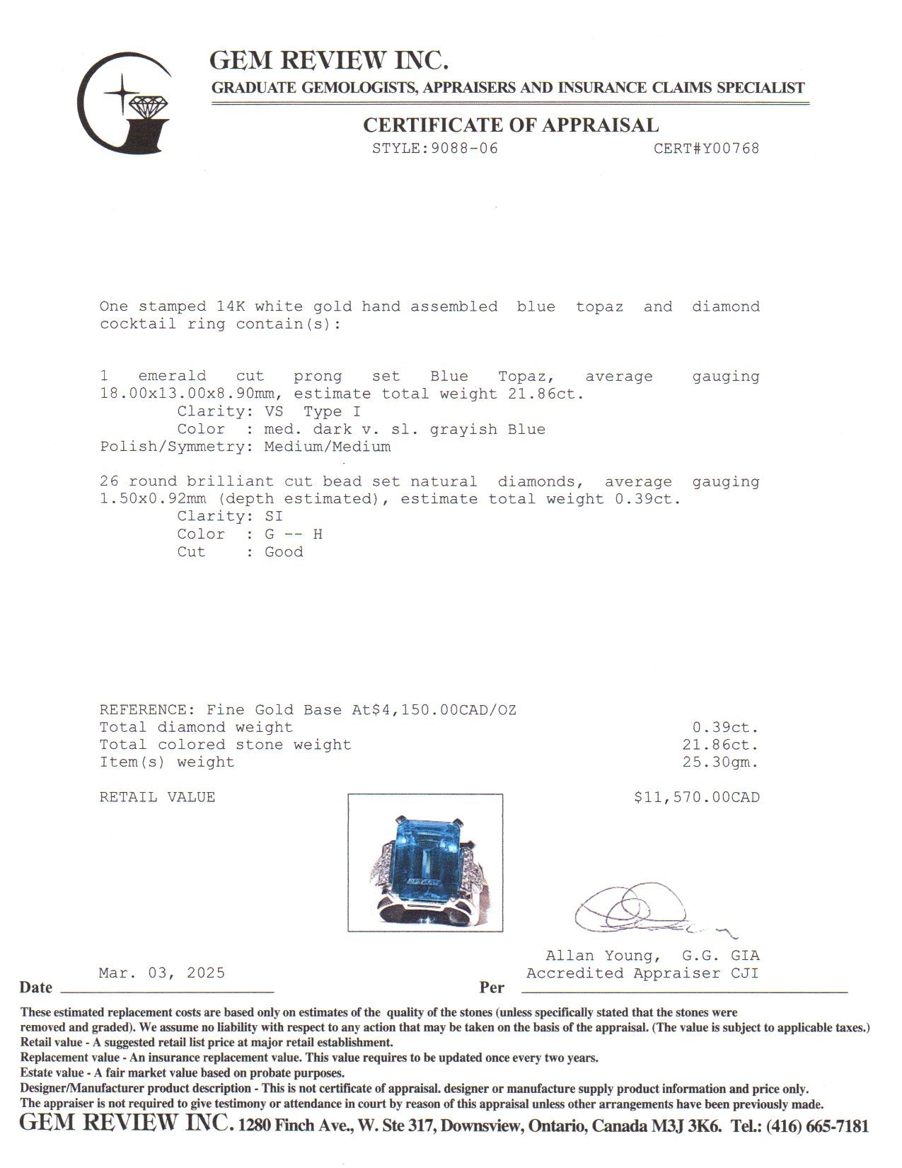 14K Emerald Cut Blue Topaz & Diamond Cocktail Ring | 21.86ct, 0.39ctw | SZ 9
