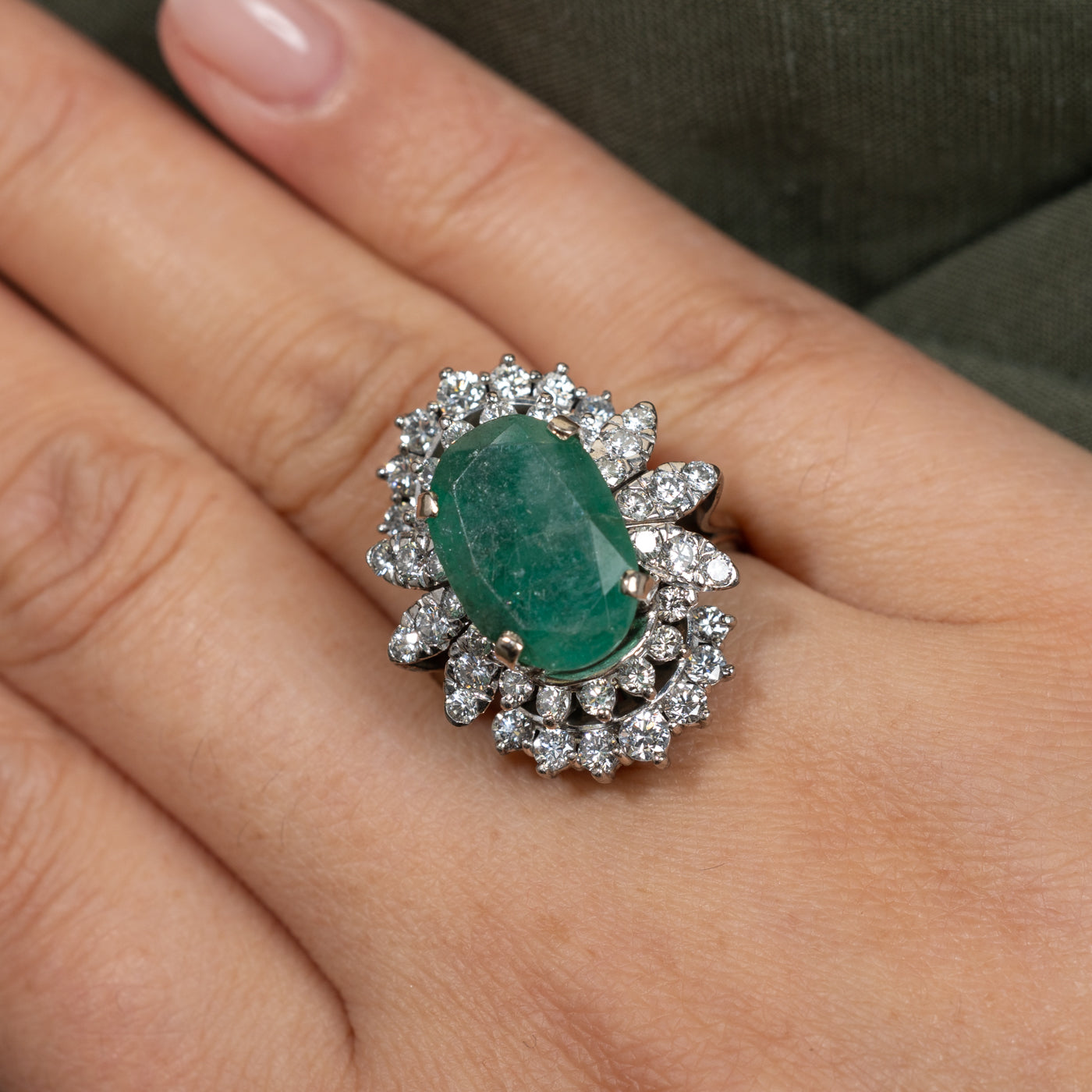 Oval Cut Emerald & Diamond Cocktail Ring | 7.24ct, 1.66ctw | SZ 7.25