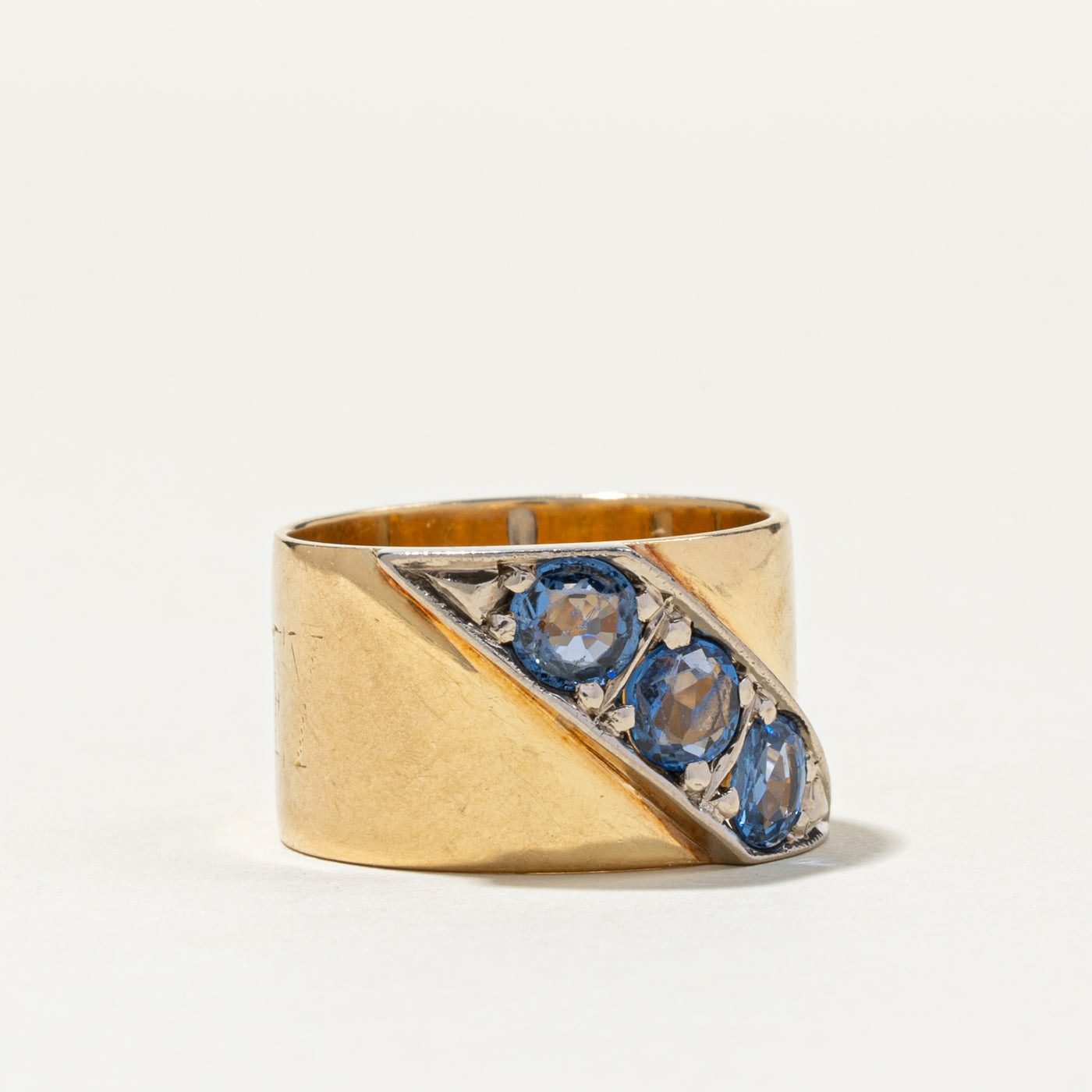 Three Stone Diagonal Set Blue Sapphire Cigar Band | 1.73ctw | SZ 7.5