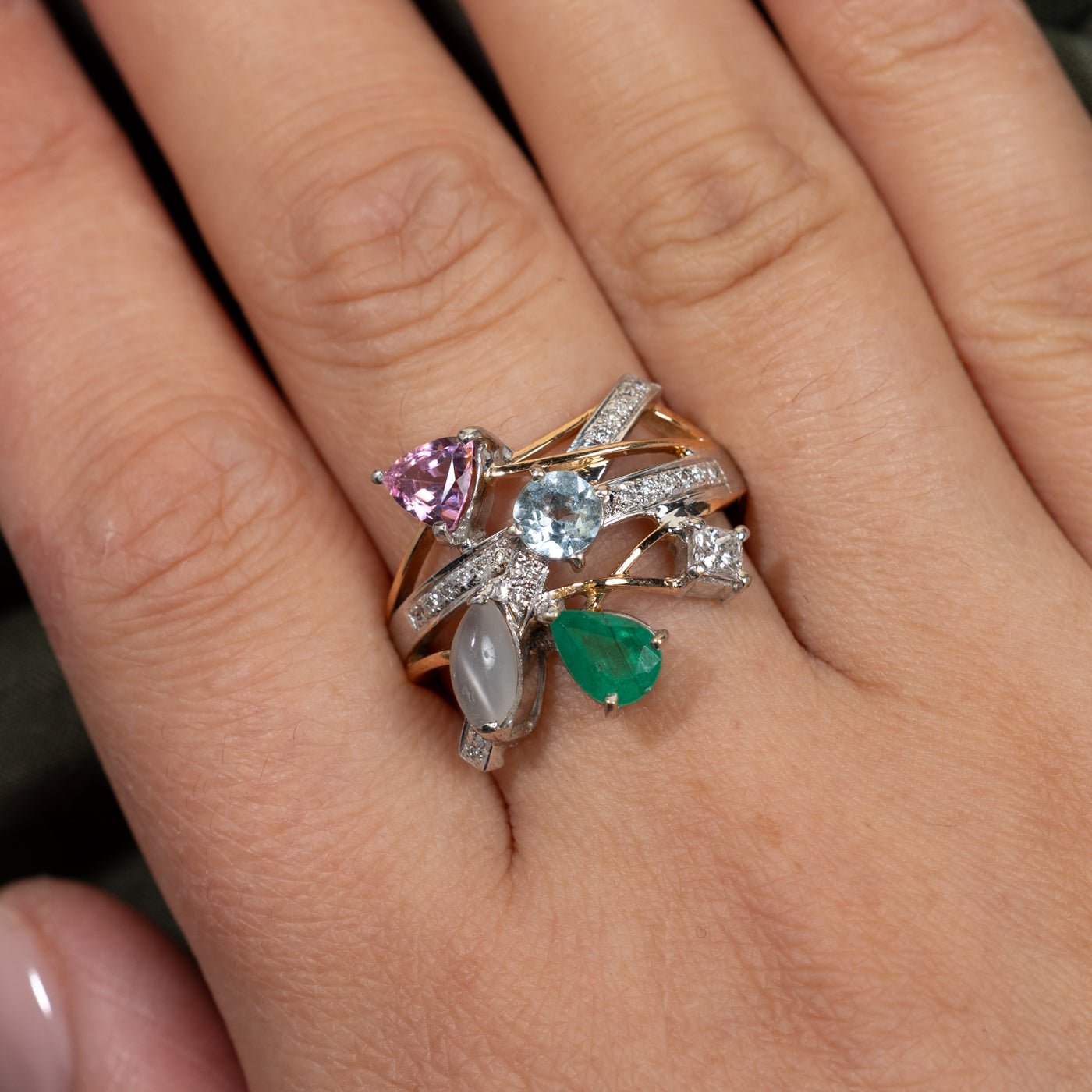 Two Tone Gold Multi Gemstone Abstract Ring | 2.00ctw, 0.90ctw | SZ 8