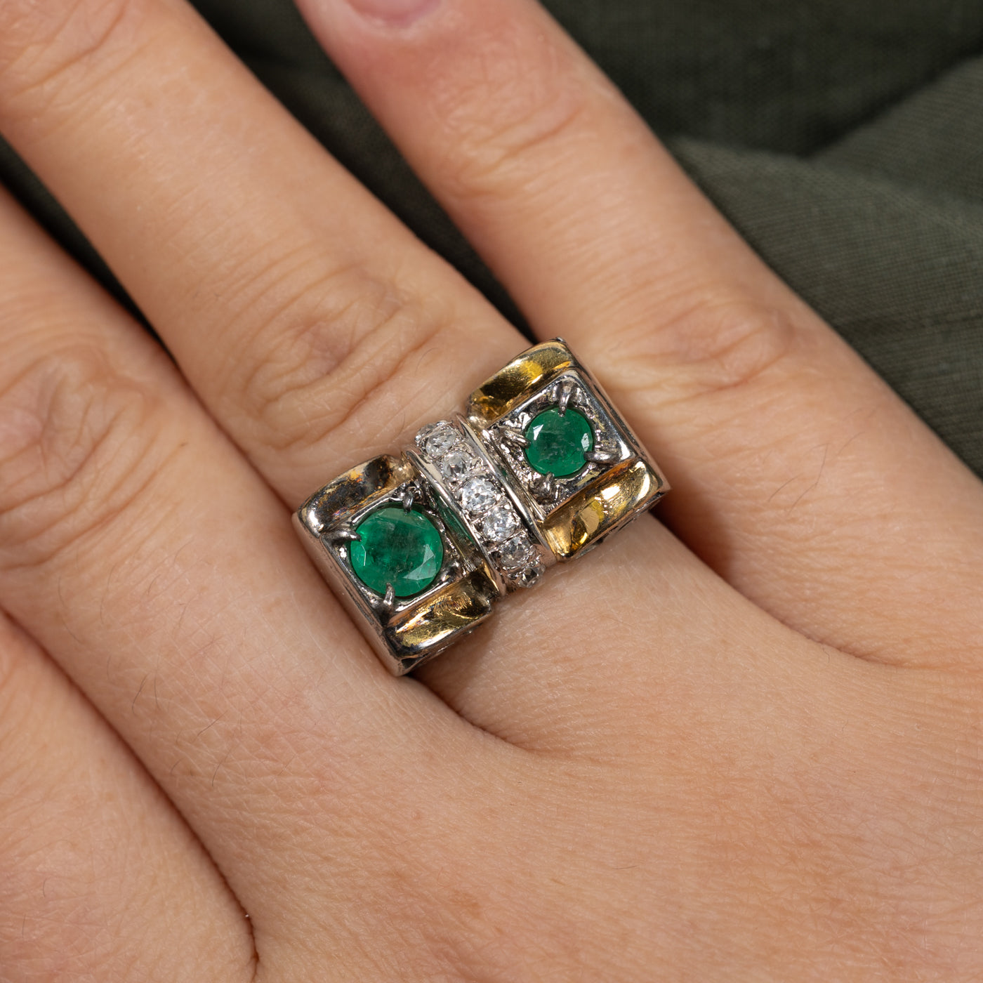 Two Tone Gold Emerald & Diamond Cocktail Ring | 0.57ctw, 0.25ctw | SZ 6.5