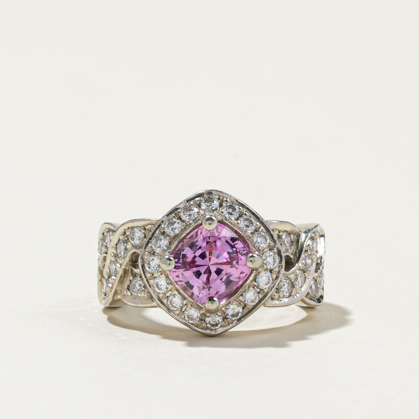 Pink Sapphire & Diamond Halo Crossover Design Ring | 2.00ctw, 0.90ctw | SZ 5.75