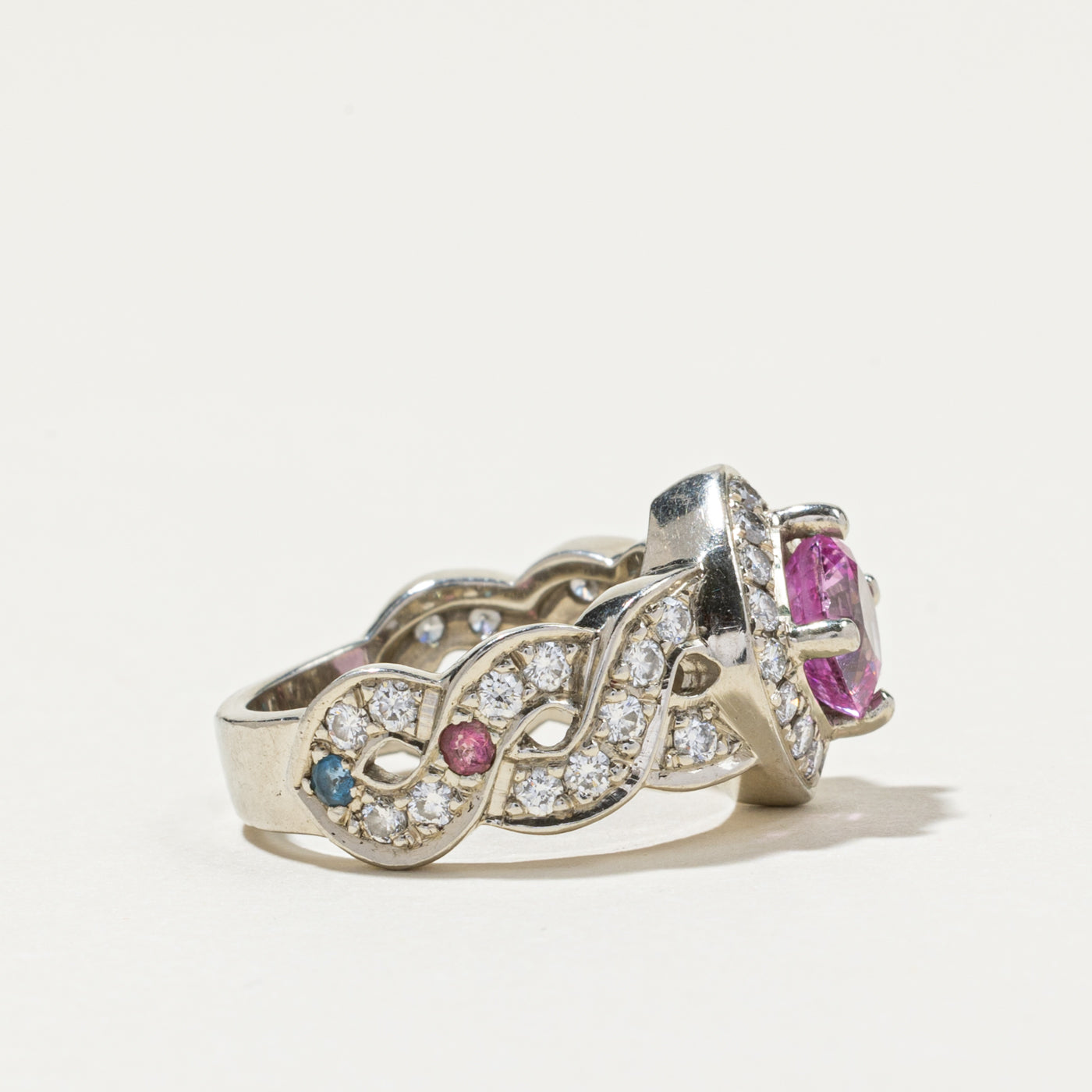 Pink Sapphire & Diamond Halo Crossover Design Ring | 2.00ctw, 0.90ctw | SZ 5.75