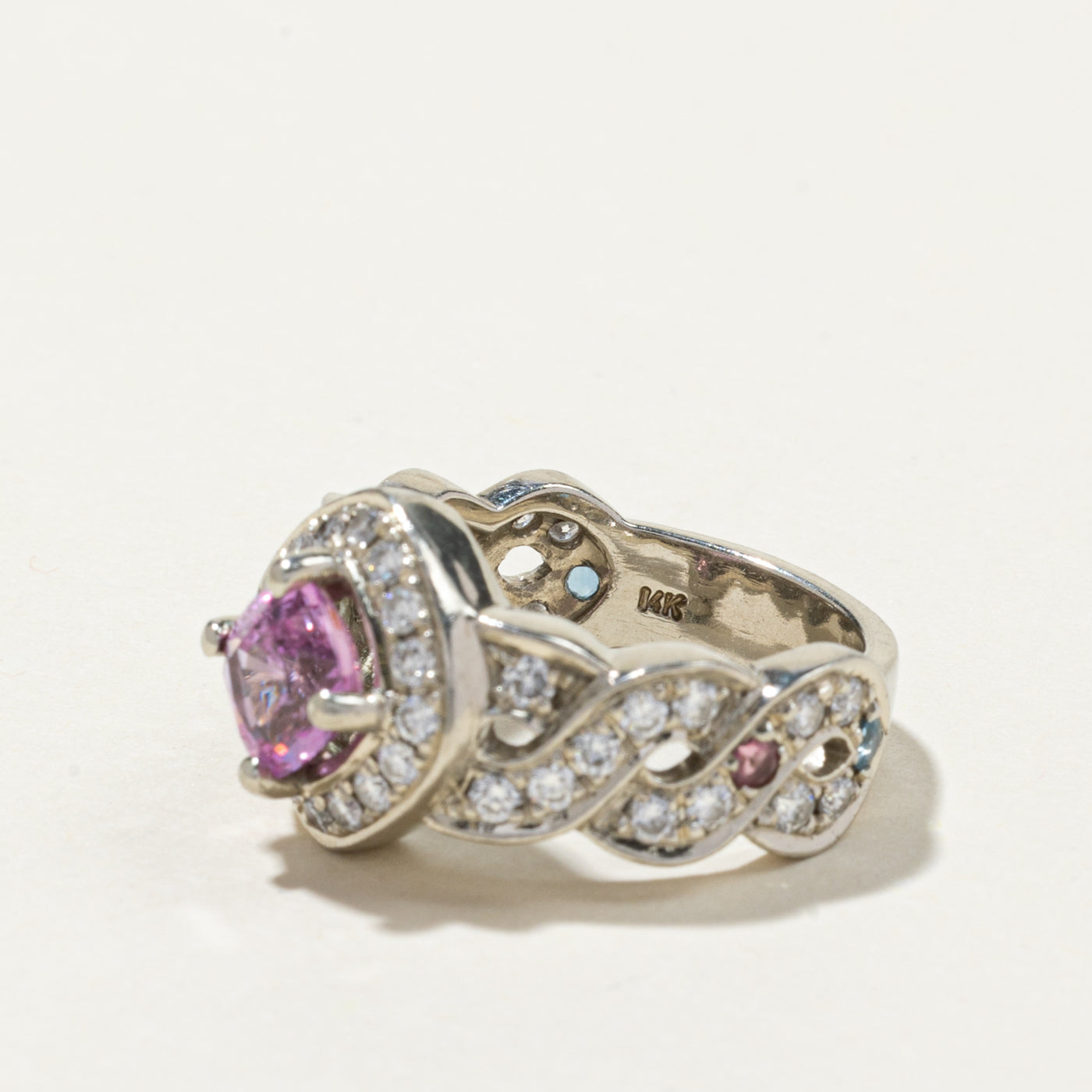 Pink Sapphire & Diamond Halo Crossover Design Ring | 2.00ctw, 0.90ctw | SZ 5.75