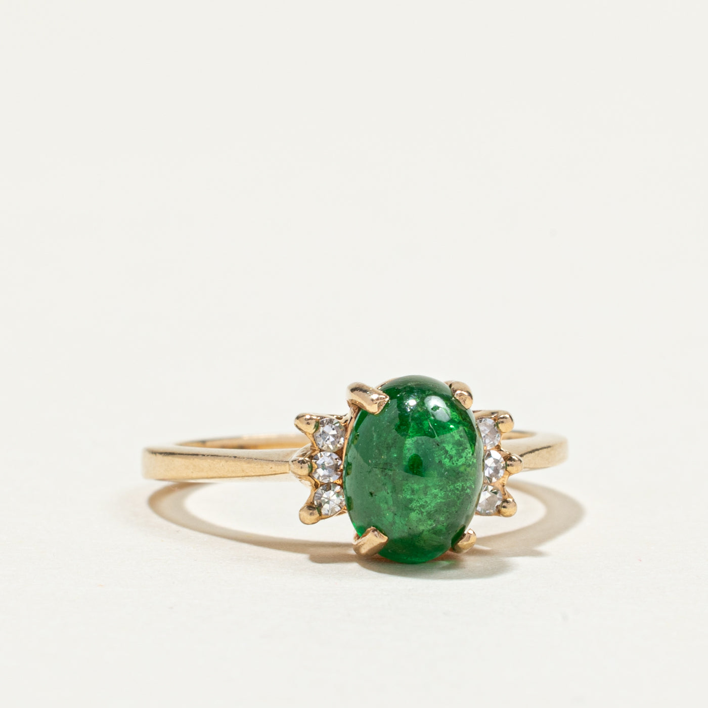 Oval Cabochon Emerald & Diamond Ring | 1.43ct, 0.08ctw | SZ 5.5