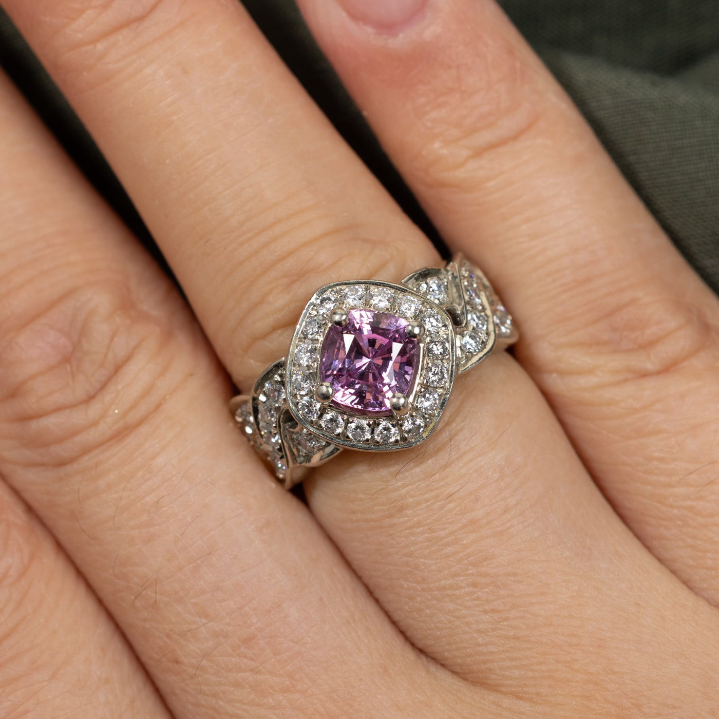 Pink Sapphire & Diamond Halo Crossover Design Ring | 2.00ctw, 0.90ctw | SZ 5.75