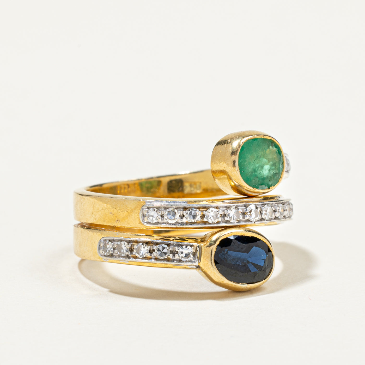 Bezel Set Sapphire, Emerald & Diamond Wrap Ring | 0.93ct, 0.66ct, 0.36ctw | SZ 8