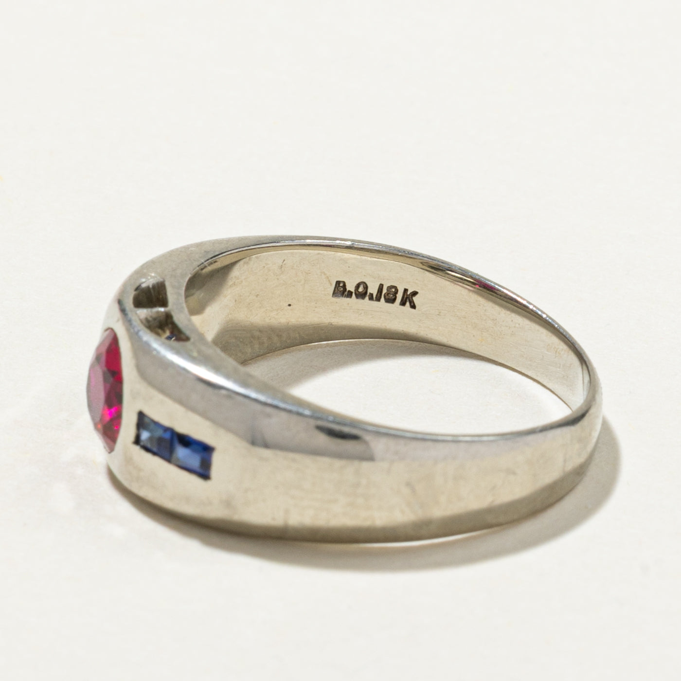 18K Flush Set Sapphire Synthetic Sapphire & Synthetic Ruby Ring | SZ 8