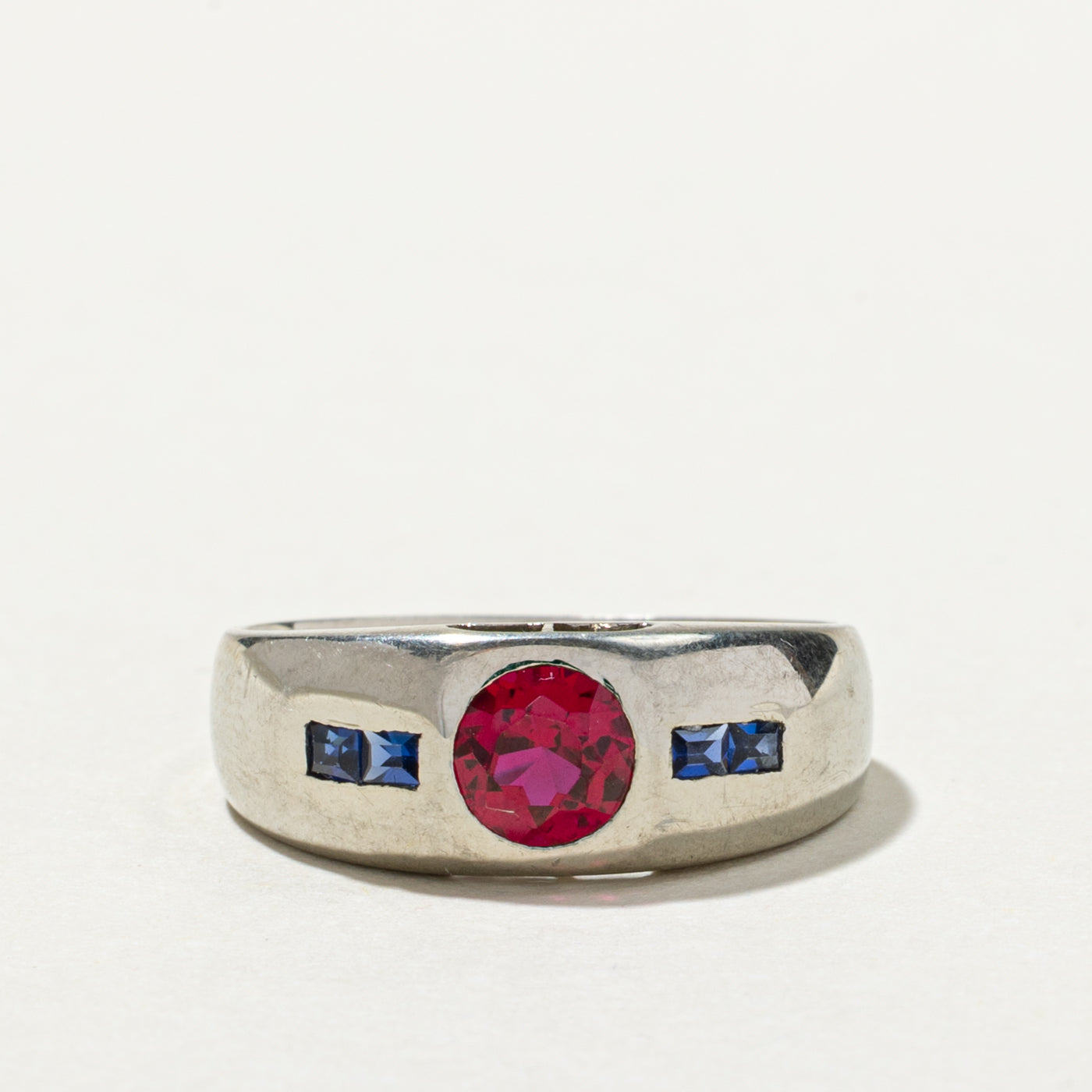 18K Flush Set Sapphire Synthetic Sapphire & Synthetic Ruby Ring | SZ 8