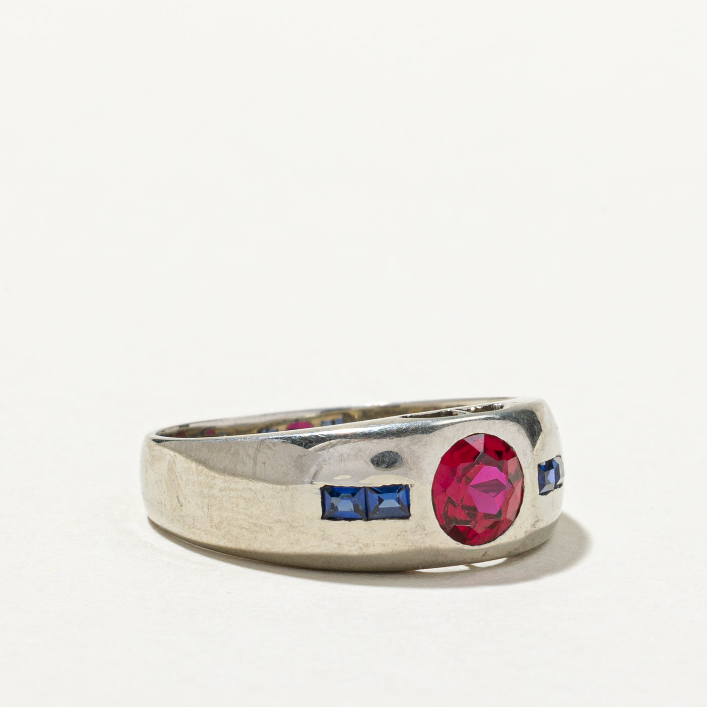 18K Flush Set Sapphire Synthetic Sapphire & Synthetic Ruby Ring | SZ 8