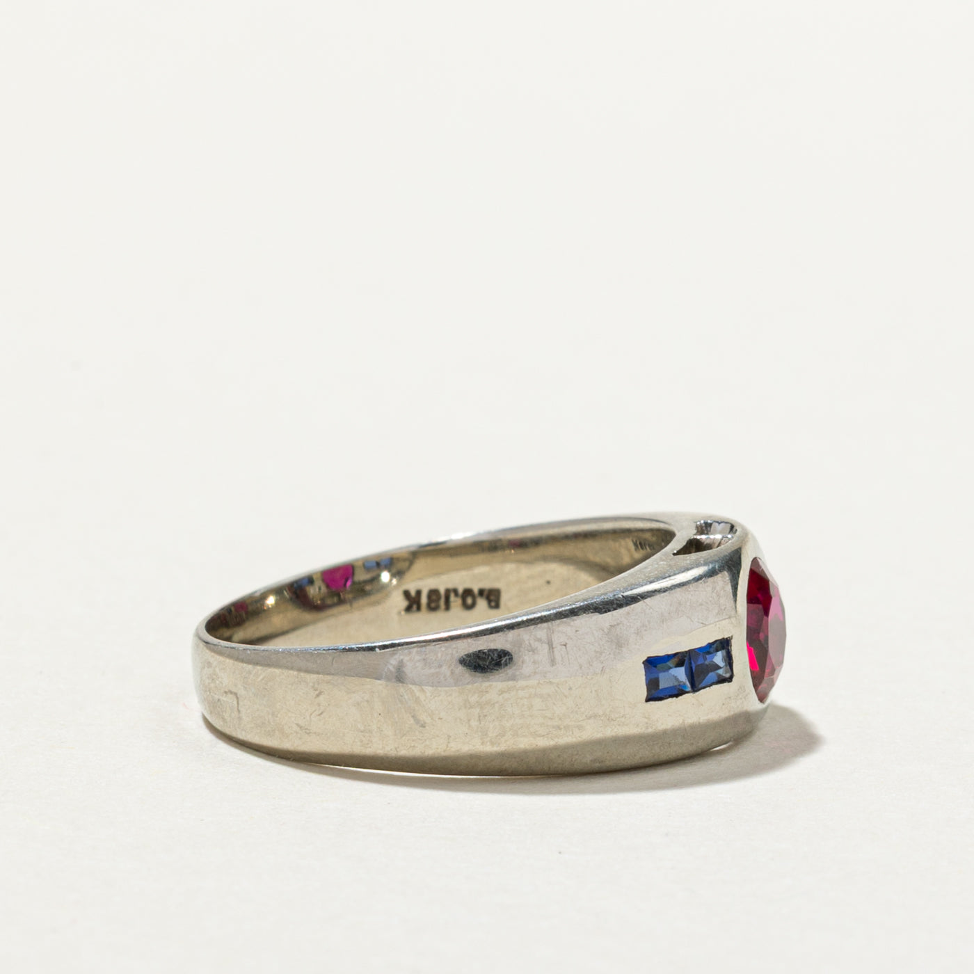18K Flush Set Sapphire Synthetic Sapphire & Synthetic Ruby Ring | SZ 8