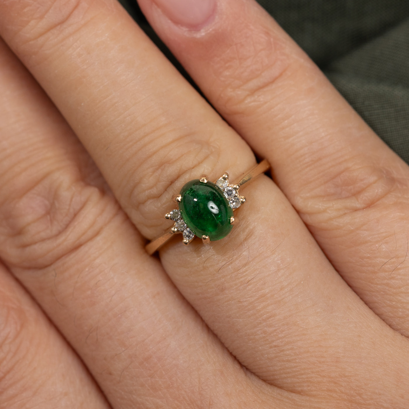 Oval Cabochon Emerald & Diamond Ring | 1.43ct, 0.08ctw | SZ 5.5