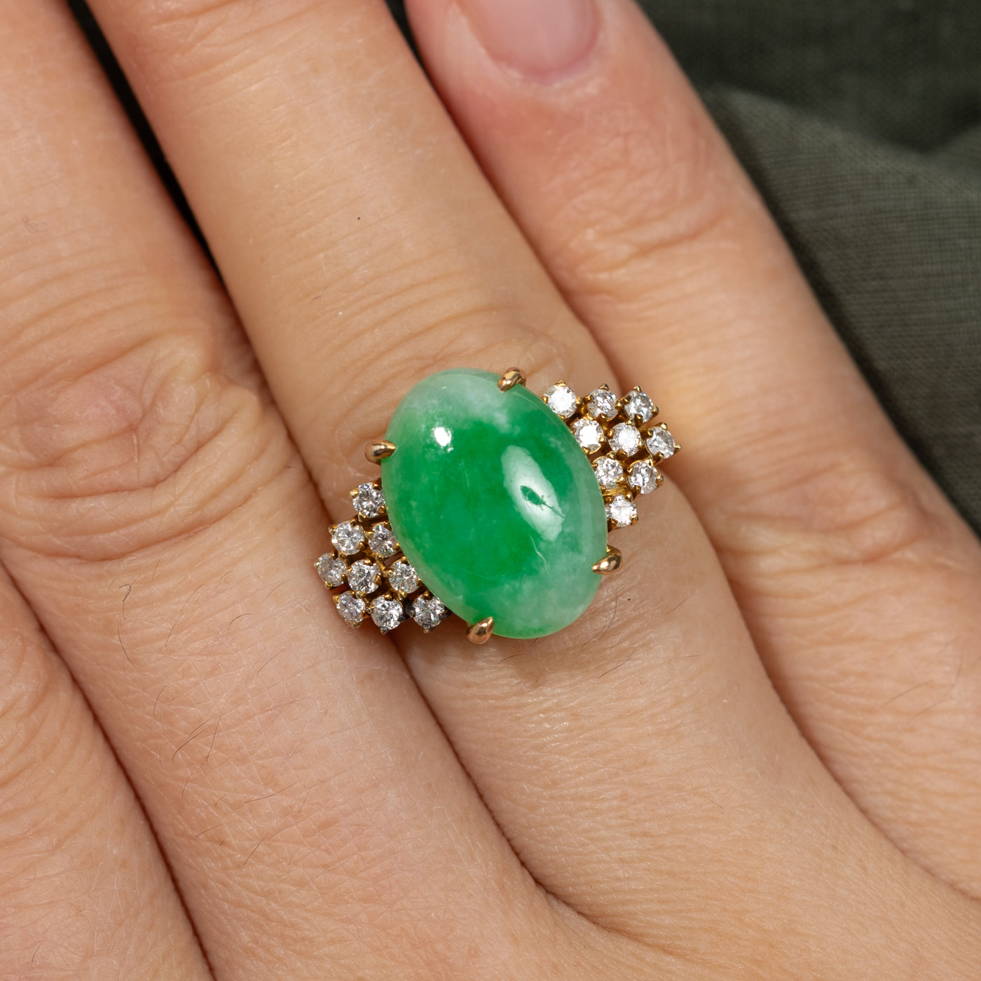 Oval Cabochon Jadeite & Diamond Cocktail Ring | 4.80ct, 0.31ctw | SZ 5.25