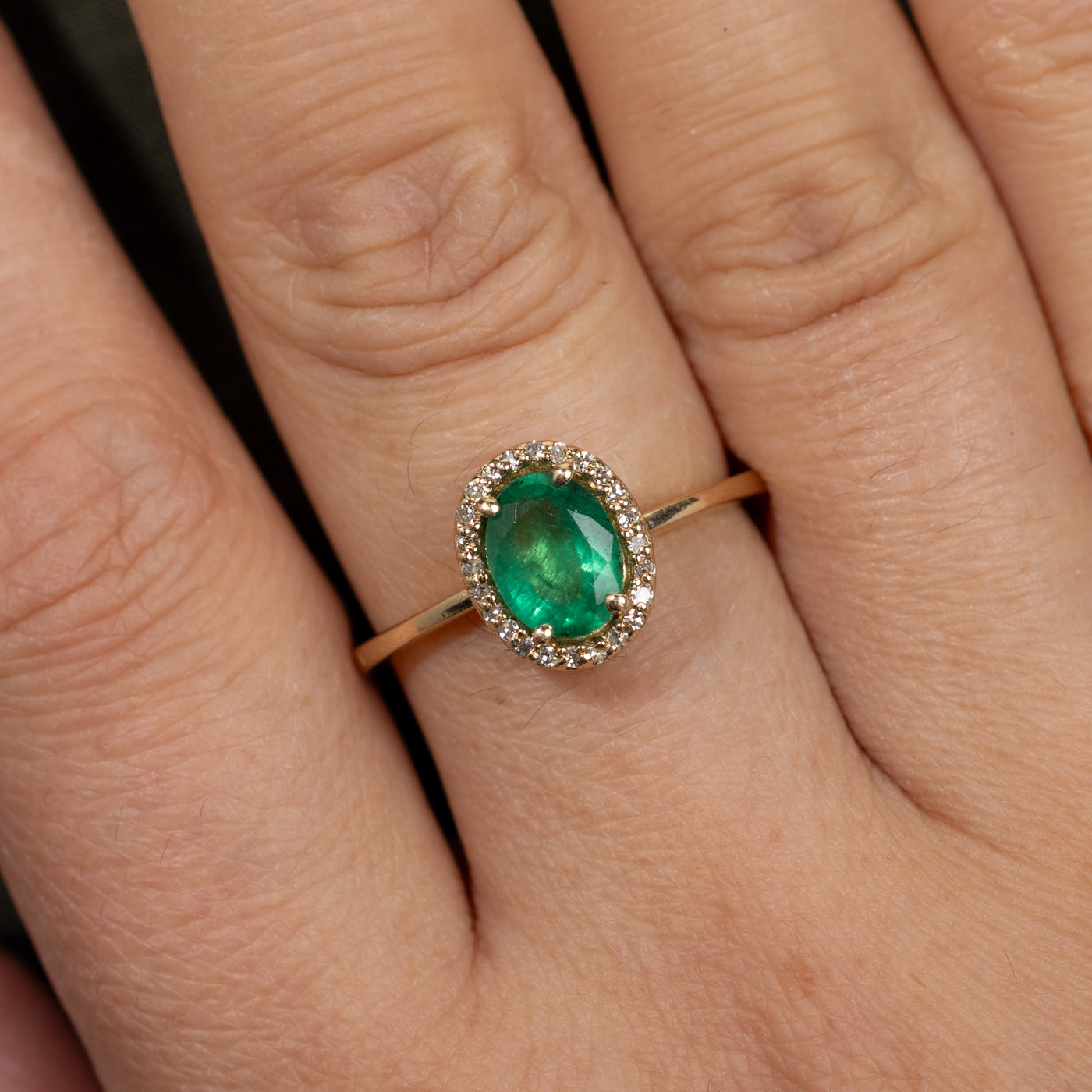 Oval Cut Emerald & Diamond Halo Ring | 1.16ct, 0.10ctw | SZ 7.5