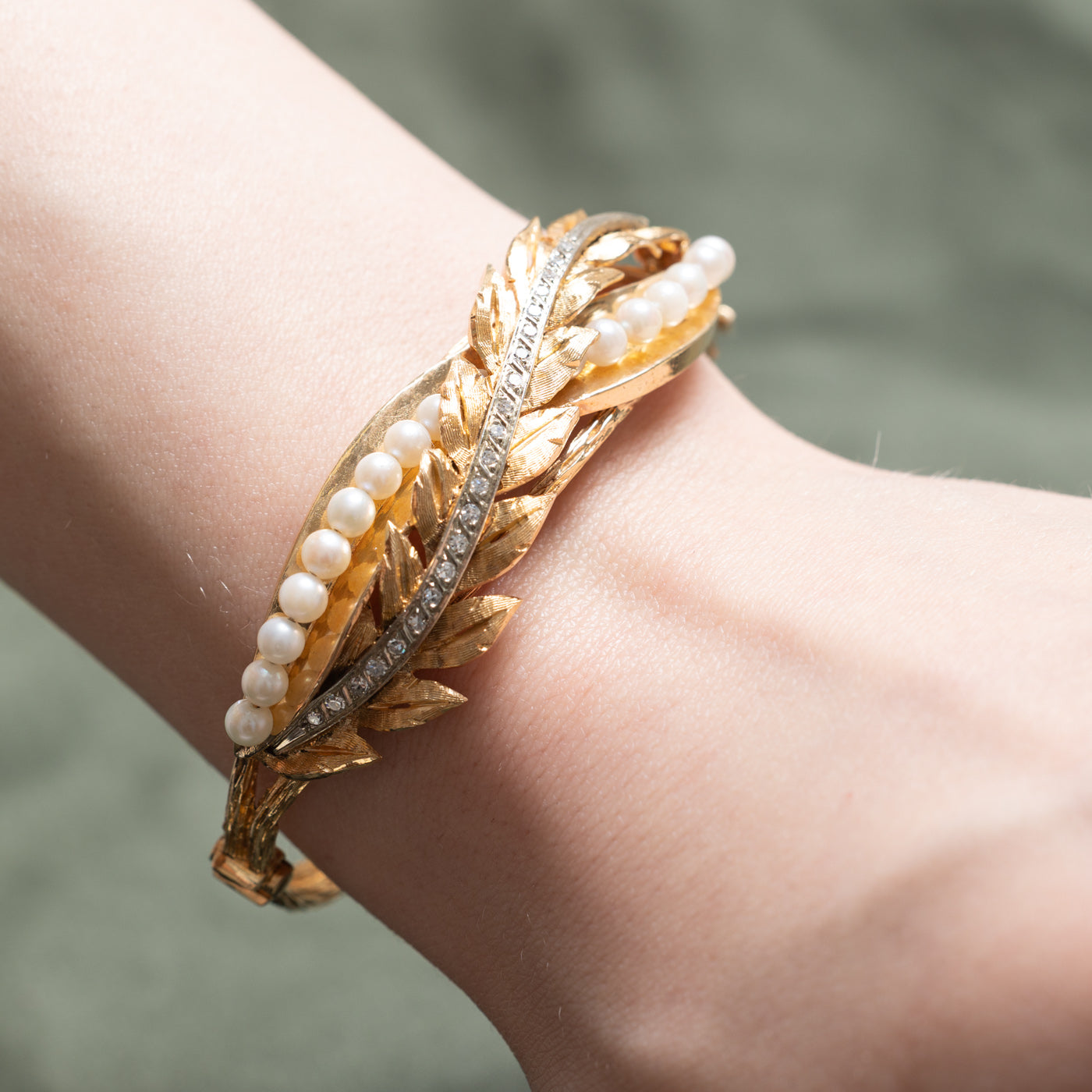 Vintage Diamond & Pearl Cuff Bracelet | 0.22ctw | 6"