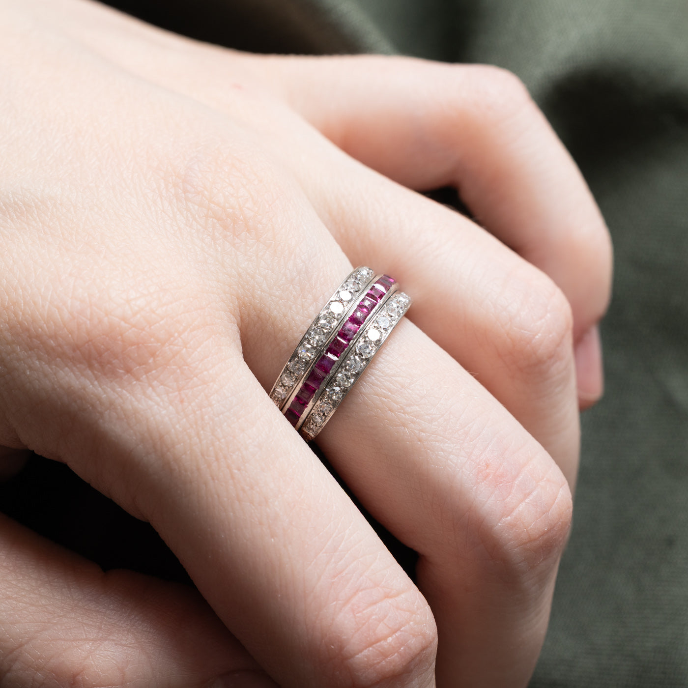Art Deco Platinum Ruby, Sapphire & Diamond Convertible Ring | 1.55ctw, 0.58ctw | SZ 7