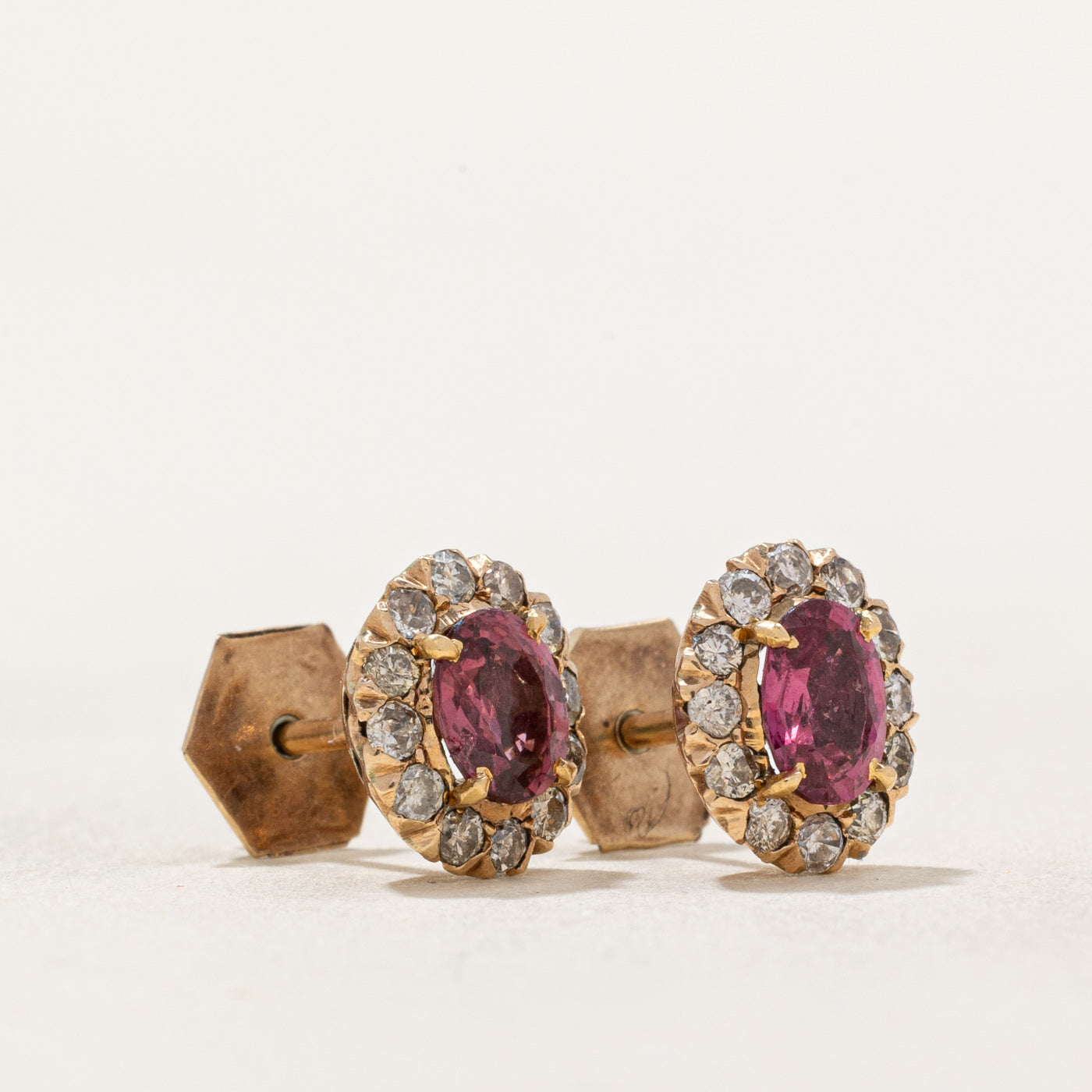 Vintage Oval Cut Ruby & Diamond Halo Stud Earrings | 1.00ctw, 0.36ctw |