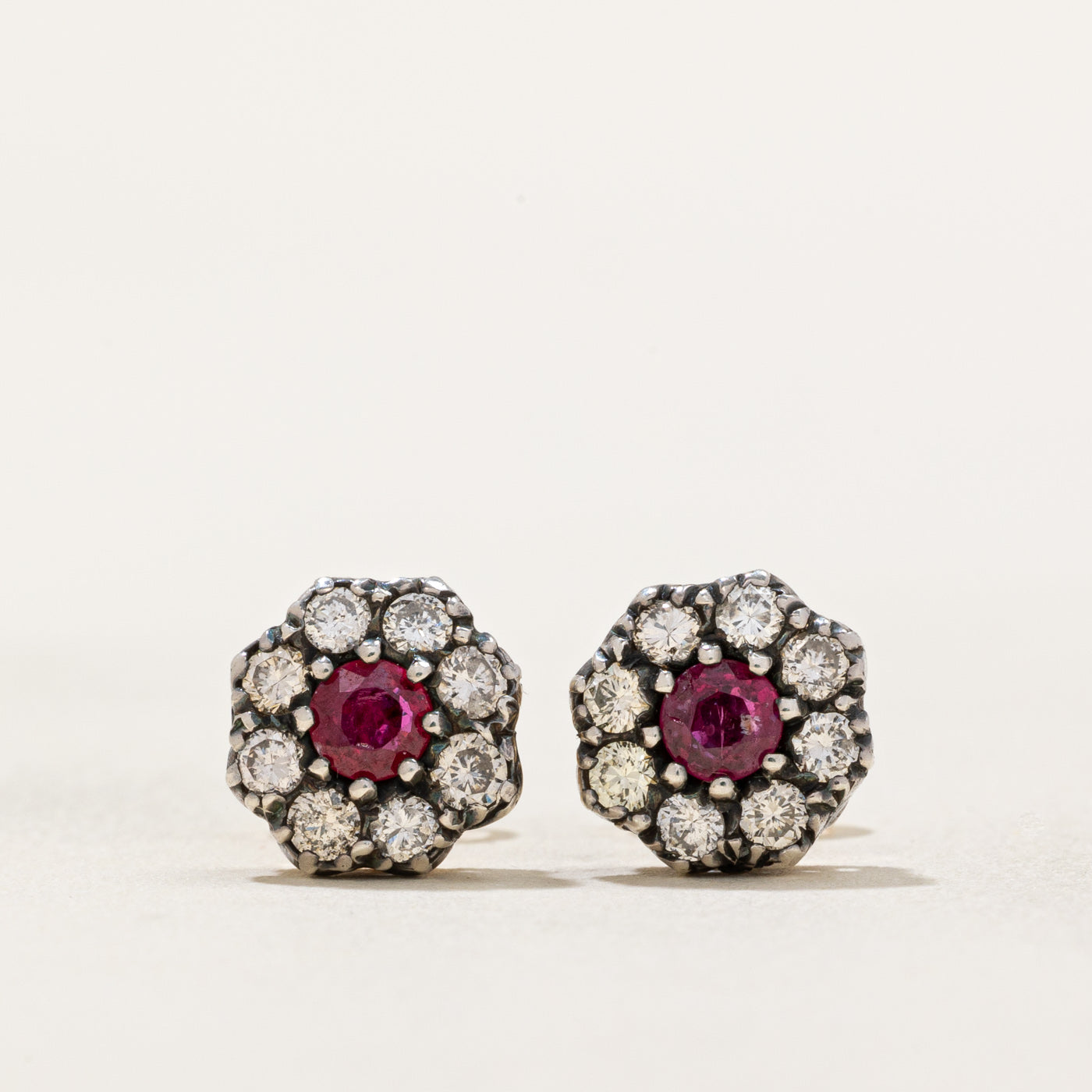 Vintage Ruby & Diamond round cluster earrings | 0.50ctw, 0.36ctw