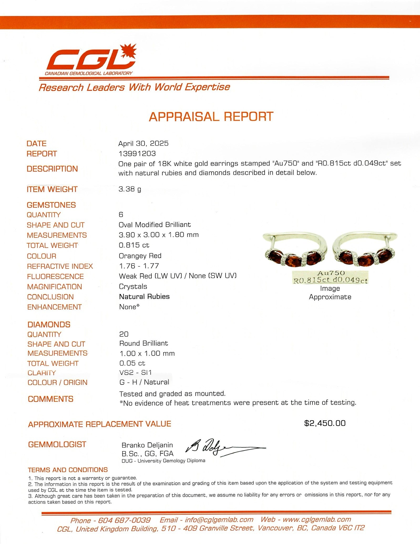 Natural Unheated Orangey Red Ruby & Diamond Hoop Earrings | 0.815ctw, 0.049ct