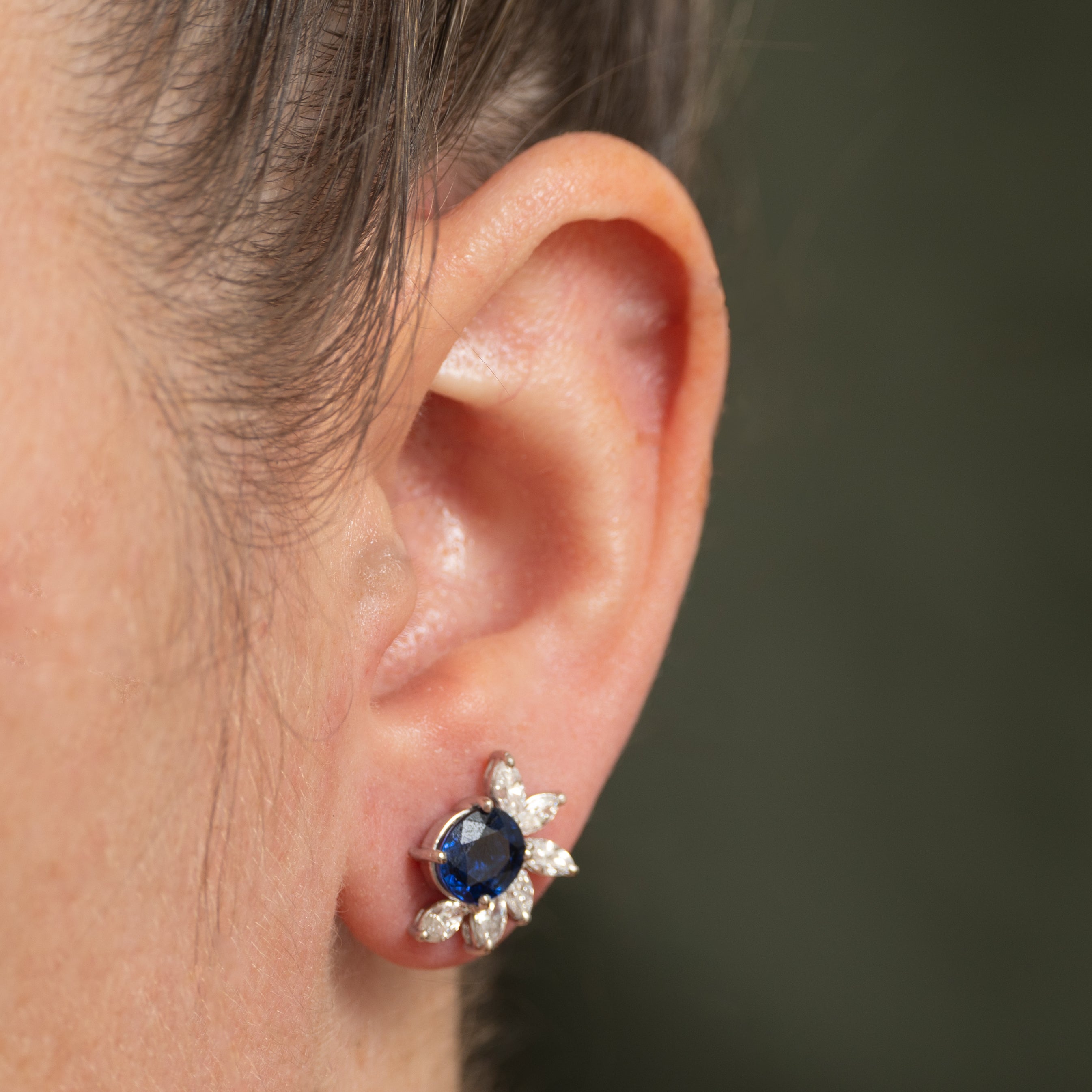 Unheated Sapphire & Diamond Cluster Stud Earrings | 2.42ctw, 1.50ctw