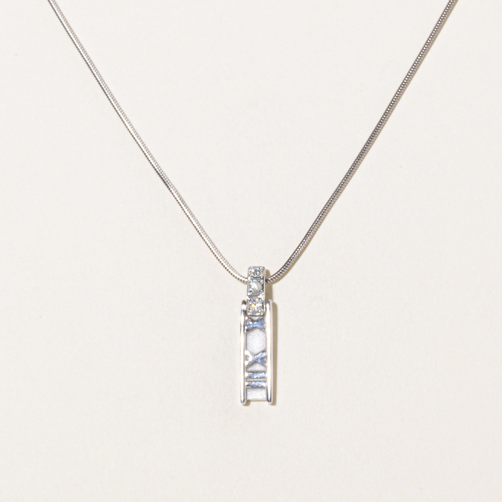 'Tiffany & Co' Italian 18k White Gold Atlas Bar Diamond Pendant Necklace | 0.08ctw | 16"