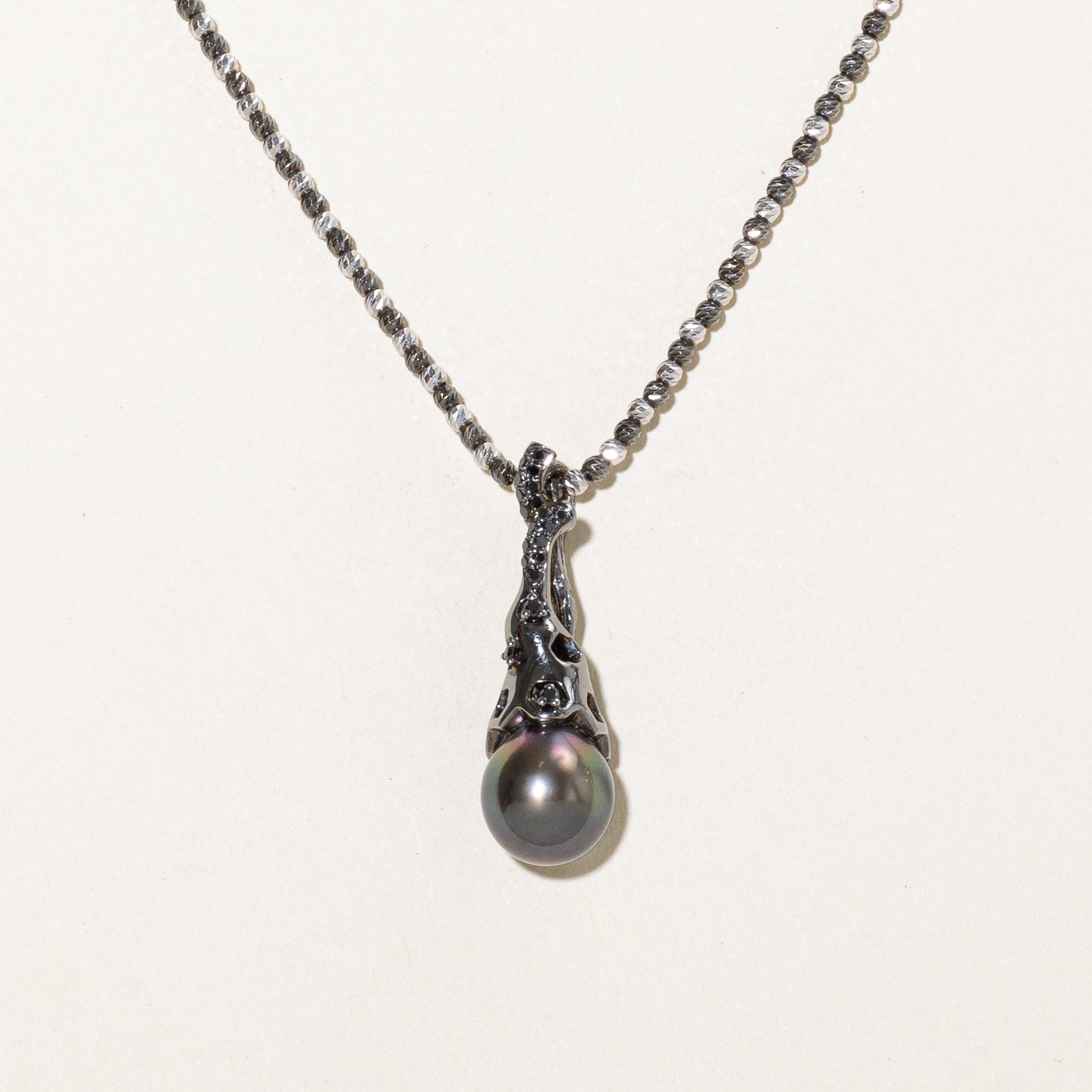 18k Tahitian Black Pearl & Black Diamond Beaded Necklace | 0.12ctw | 9.50mm | 17.5"