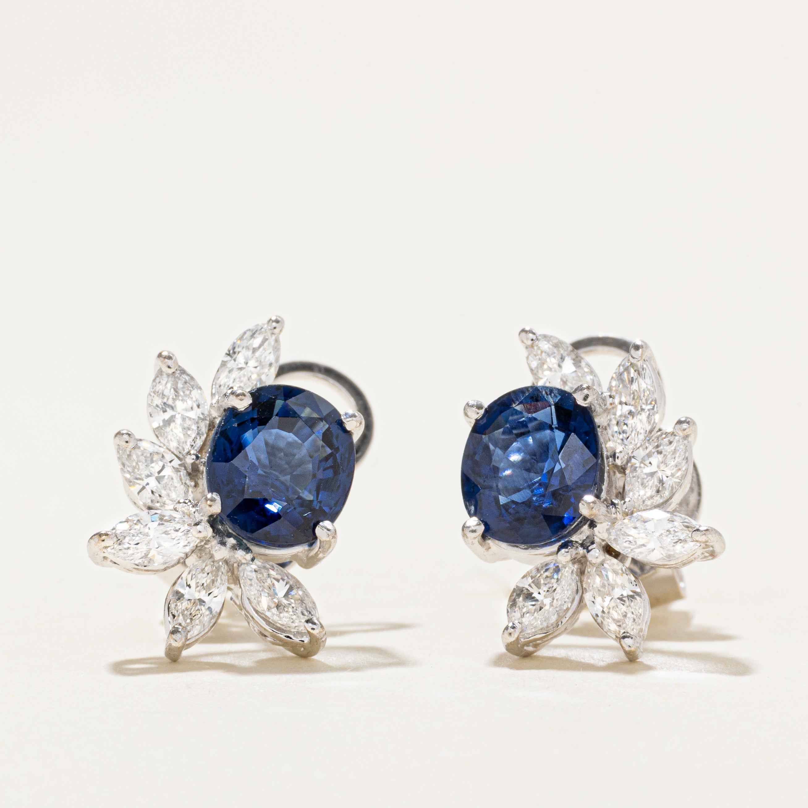 Unheated Sapphire & Diamond Cluster Stud Earrings | 2.42ctw, 1.50ctw