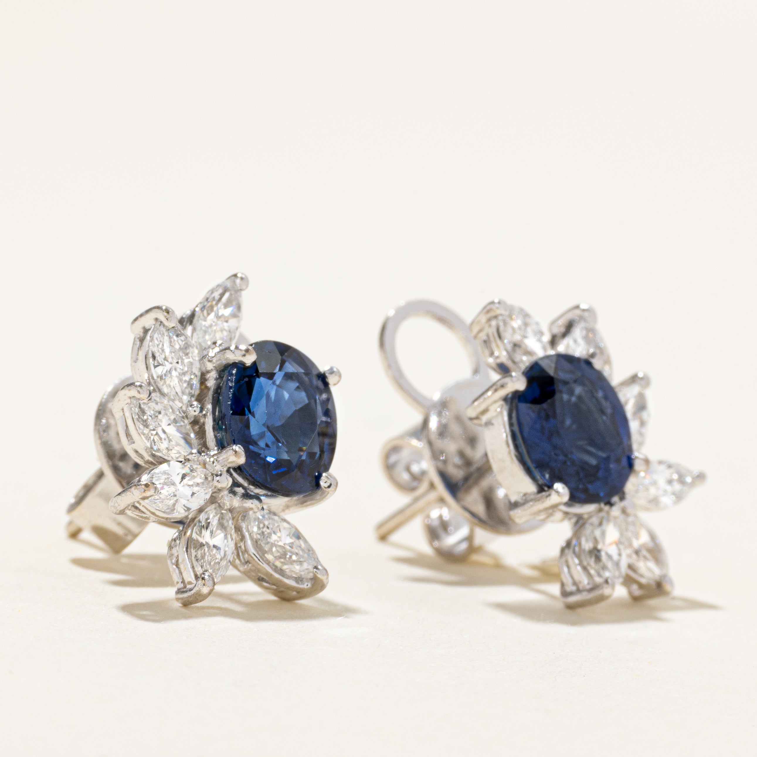 Unheated Sapphire & Diamond Cluster Stud Earrings | 2.42ctw, 1.50ctw